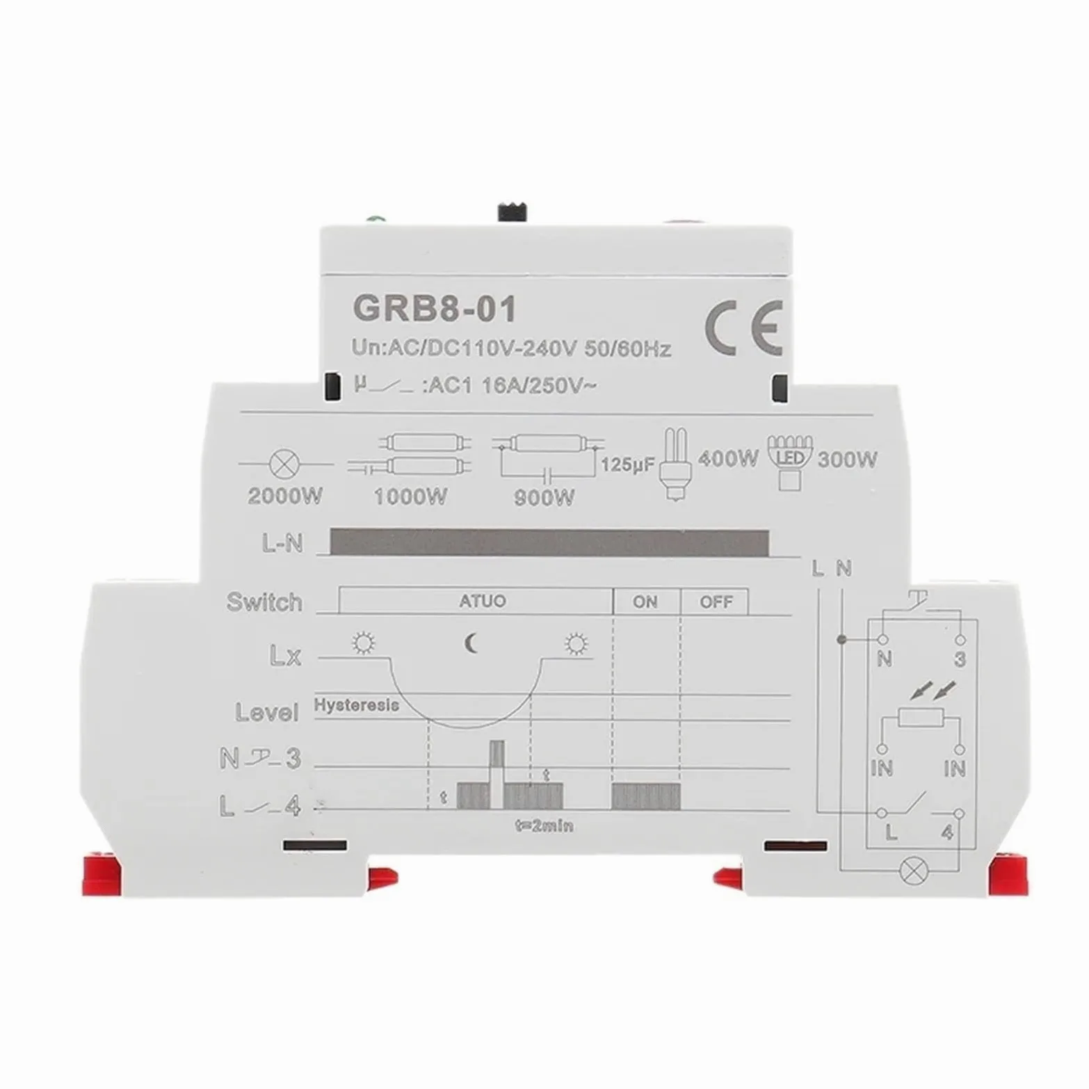 GRB8-01/02 Interruptor crepuscular de riel DIN, temporizador, sensor de luz, relé, CA 110 V-240 V, encendido y apagado automático(GRB8-02 AC110-240V)