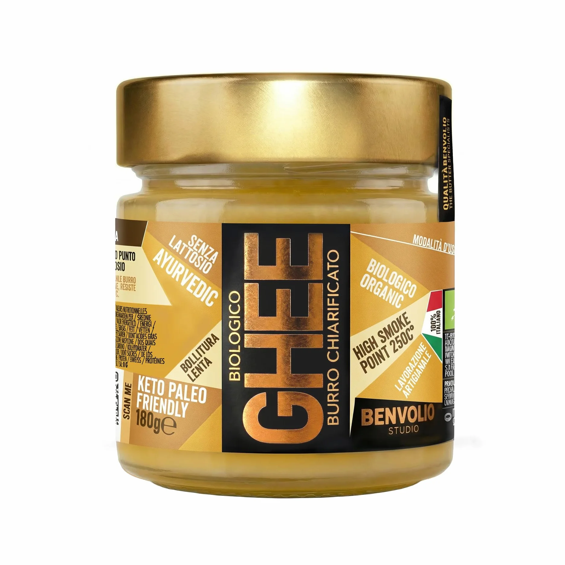Benvolio Ghee Mantequilla Clarificada Ecológica 180g Italiana Sin Lactosa Alto Punto de Humo 250°C