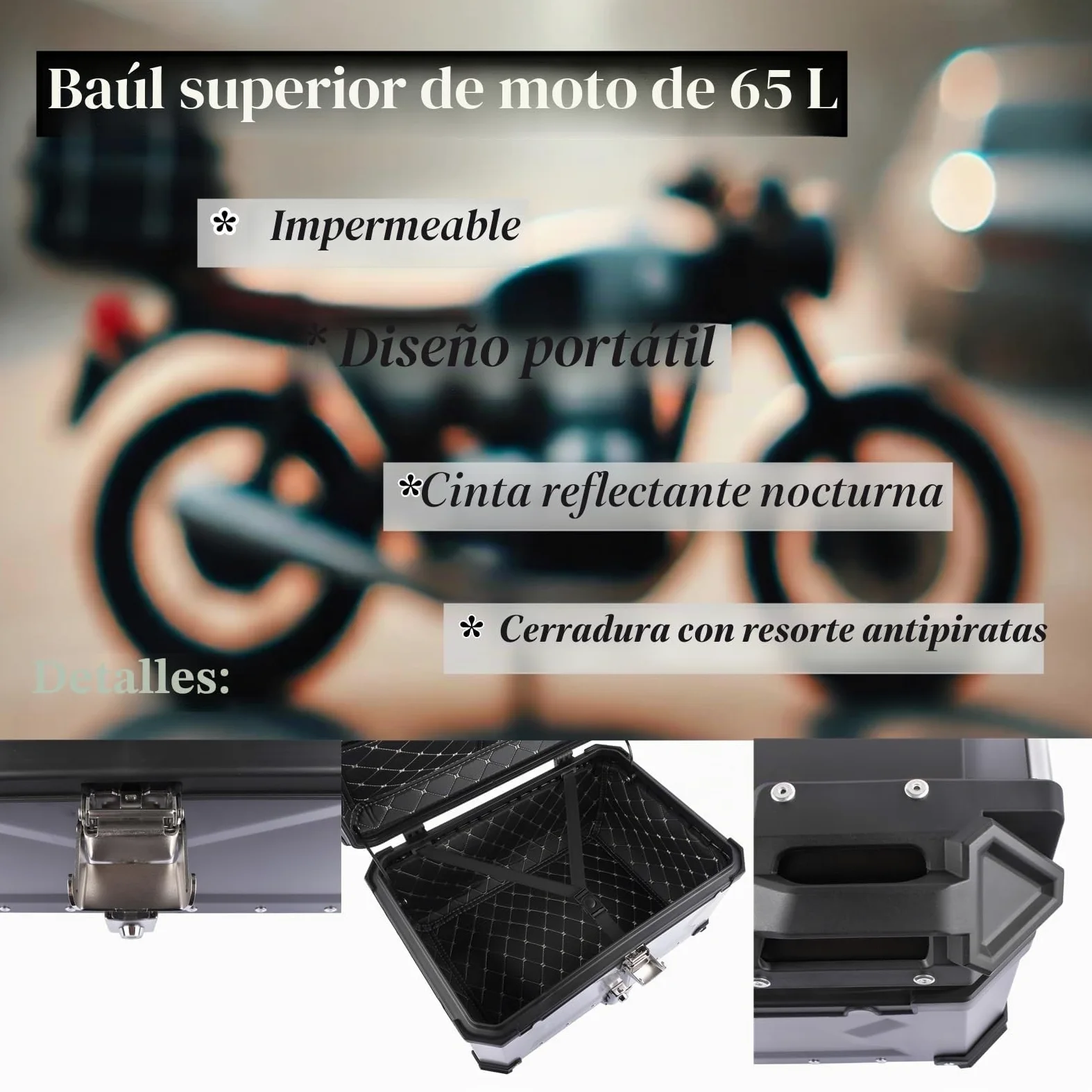 Plata 65L Maletín Superior para Moto, Maletín Universal de Aluminio Impermeable con Cierre de Seguridad para Guardar el Casco