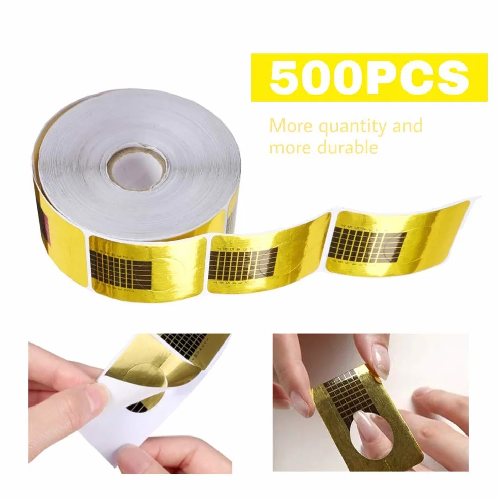 Plantillas de uñas autoadhesivas NC 1 rollo (500 piezas) - Plantillas de modelado para uñas de gel y acrílico - Arte de uñas extensión oro