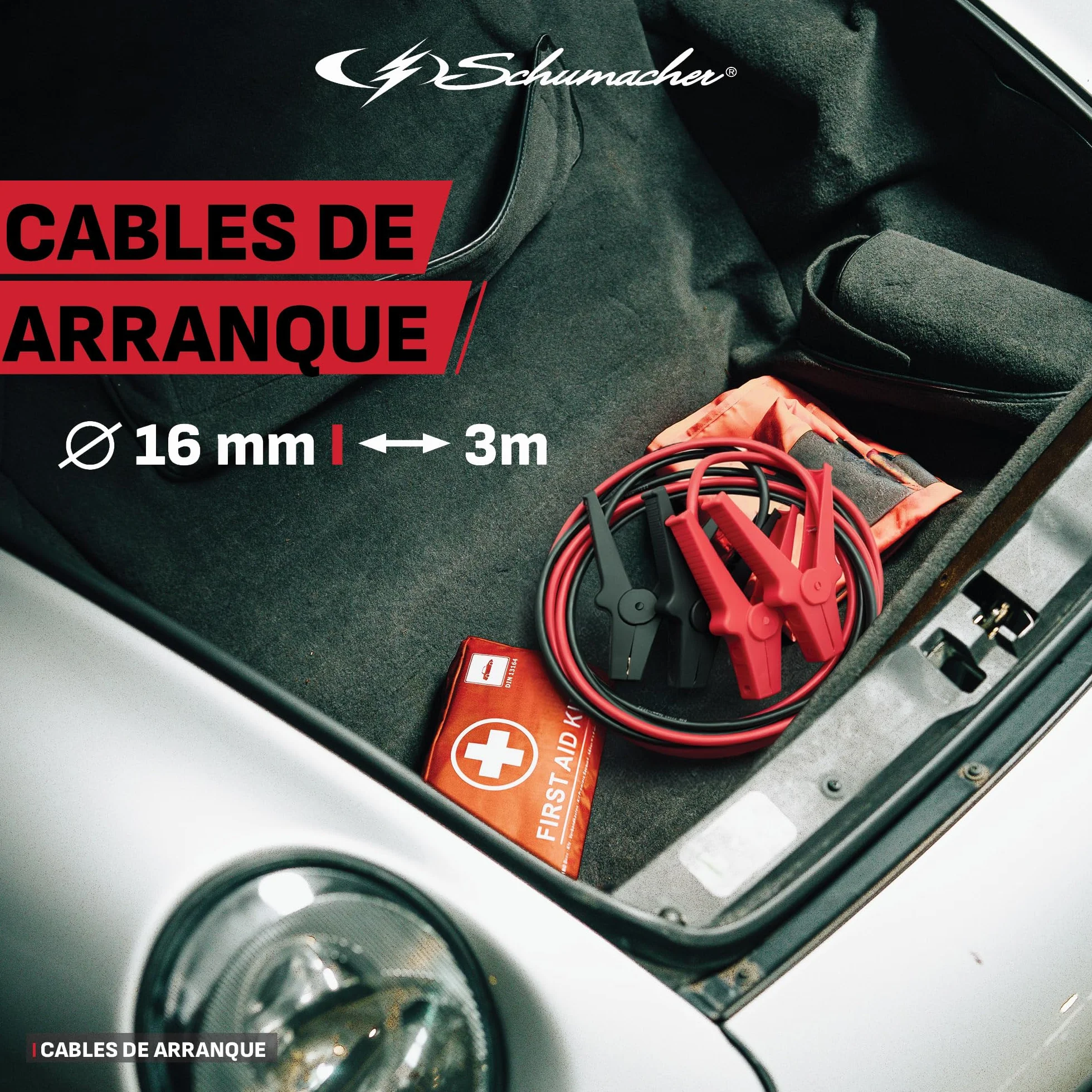 Schumacher Electric - Cables de Arranque 3m 16mm² - Baterías 6V/12V/24V - Para Coche, Furgoneta, Caravana - Pinzas Seguras Aisladas - Certificado GS/TÜV