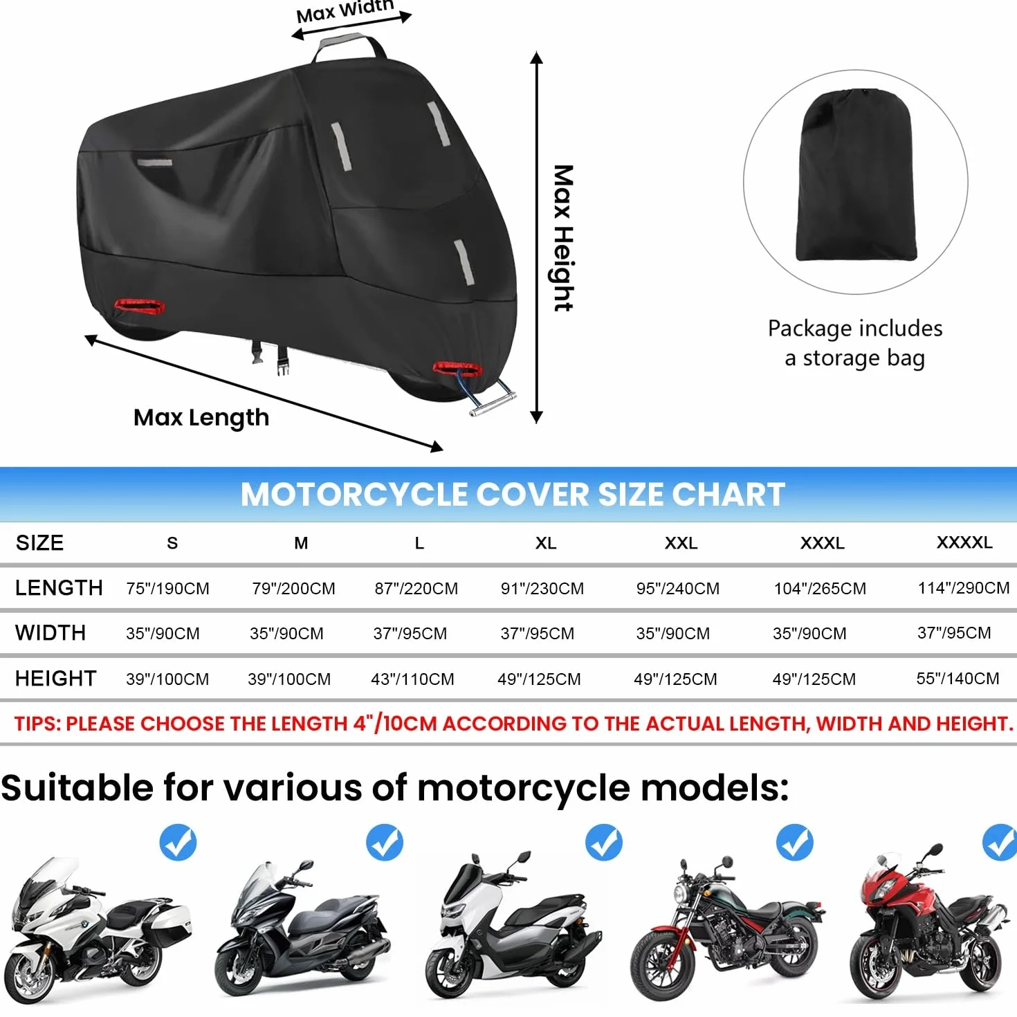 Funda Moto Impermeable para Exterior Interior, 300D Cubierta de Motocicleta Scooter Moped con 5 Tiras Reflectantes y 2 Orificios para Cerradura, 2 Hebillas de fijación (L: 220 x 95 x 110 cm)