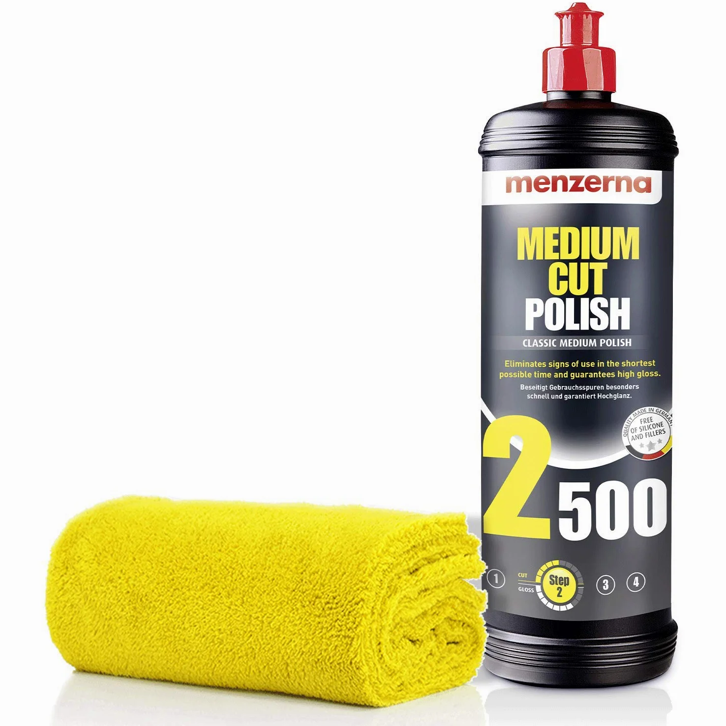 detailmate Juego de pulido de coche – Juego de pulido Menzerna Heavy Cut, Medium Cut, acabado, cera de carnauba/polímero + gamuza de microfibra para pulir barniz (2500 Medium Cut)
