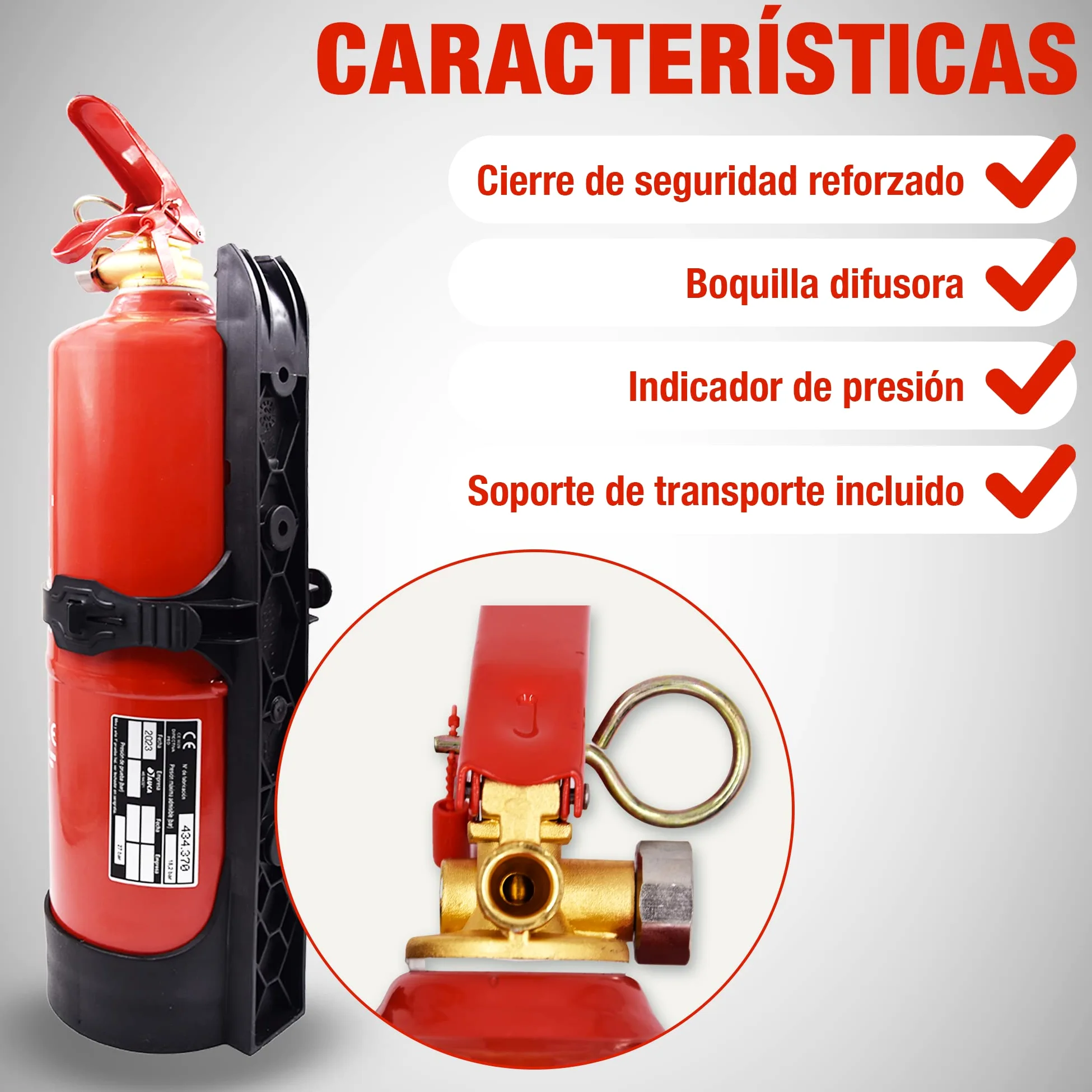 Extintor Polvo ABC 2kg con soporte, homologado CE y AENOR. Ideal para coche, casa, caravana, camper, autocaravana. Alta eficacia. Portátil, compacto. Fabricado en España. Seguridad total.