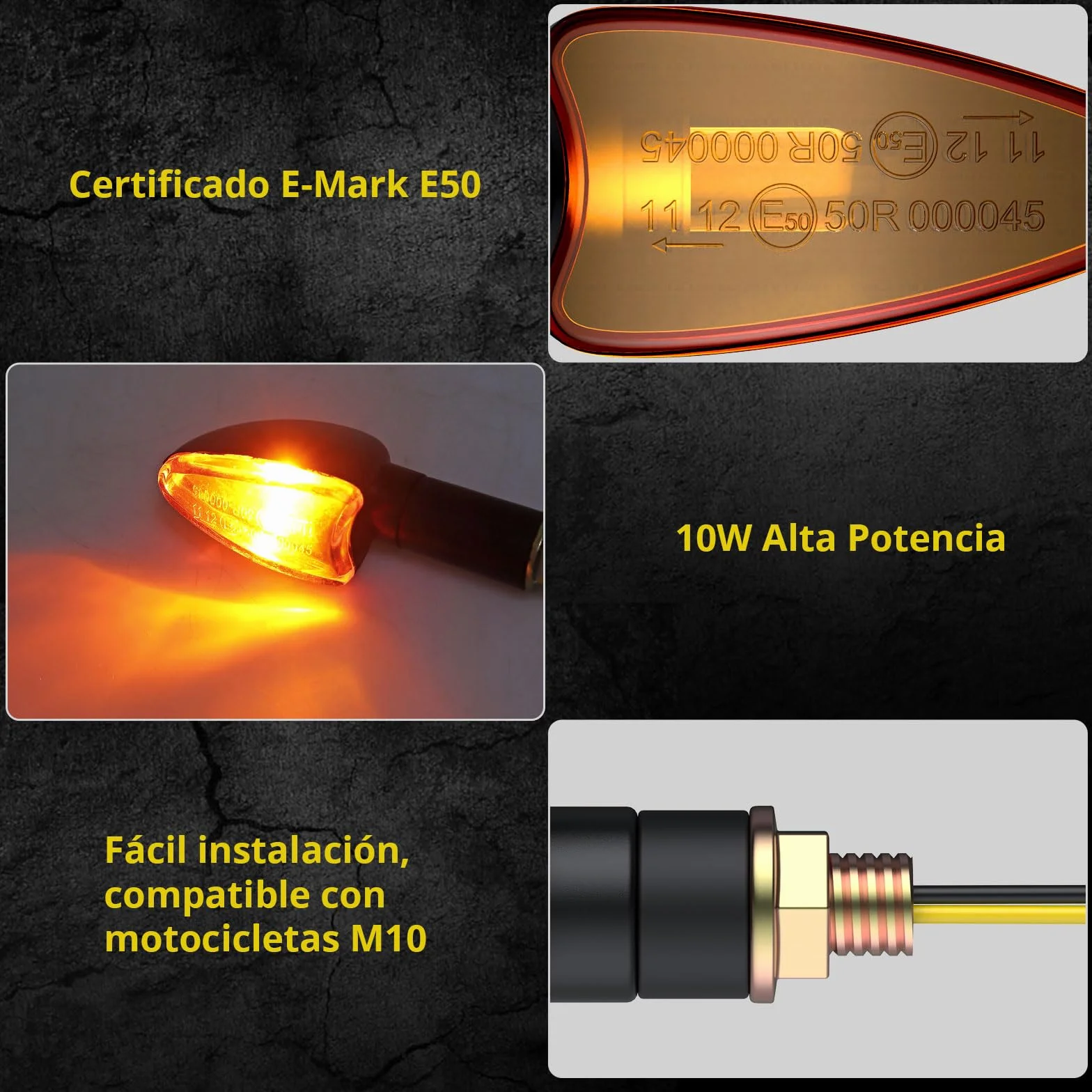 PROZOR 4PCS Intermitentes Moto Universal Homologadas ECE R50 Luces de Señal de Giro Impermeable IP65 Bombilla de Alta Potencia10W Indicador de Señal de Giro Ámbar para M10 Motocicleta Moto 12V