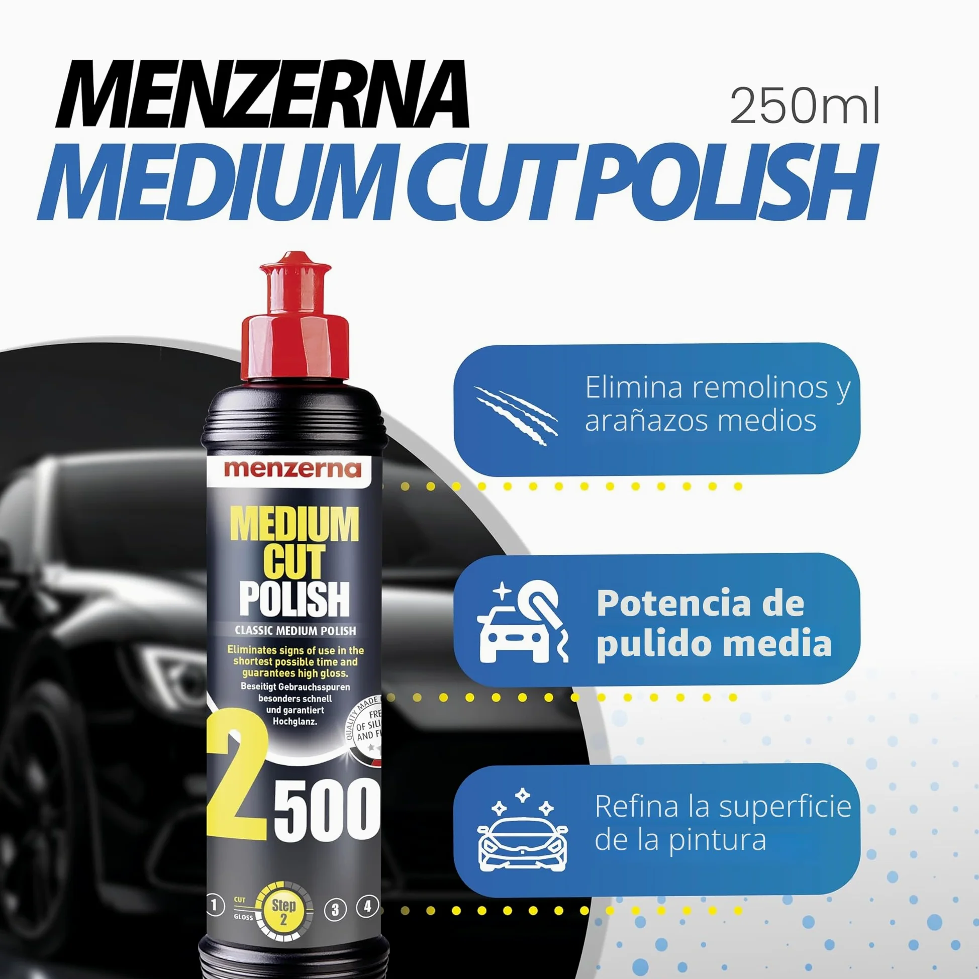 Menzerna Car Polish Set: Menzerna Heavy Cut Compound 1000 + Medium Cut Compound 2500 + Super Finish Plus 3800 + Power Lock Sachet 20ml + 4X Paño de Microfibra 40x40cm