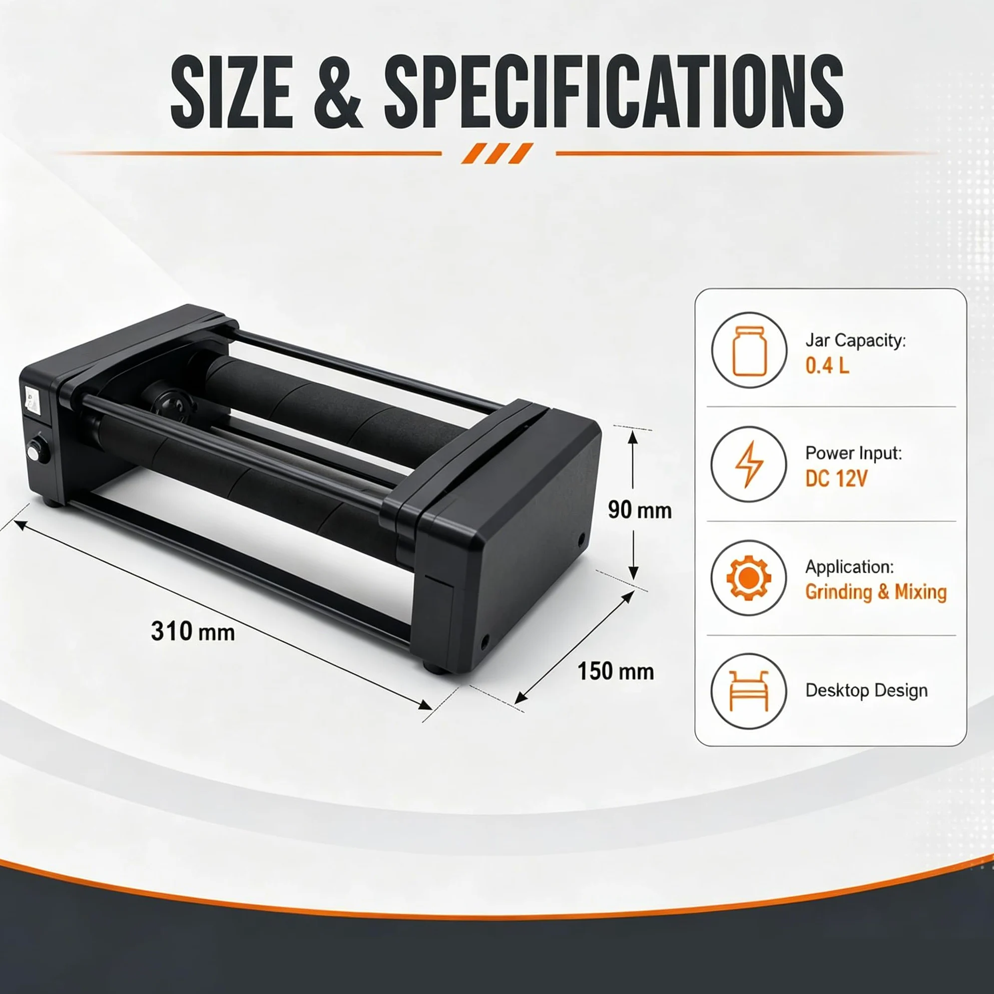 Molino de Bolas de sobremesa para Laboratorio, máquina Horizontal de molienda y Pulido, con Recipiente cerámico de 0,4 L, Temporizador Digital y Capacidad de 30 a 150 ml.