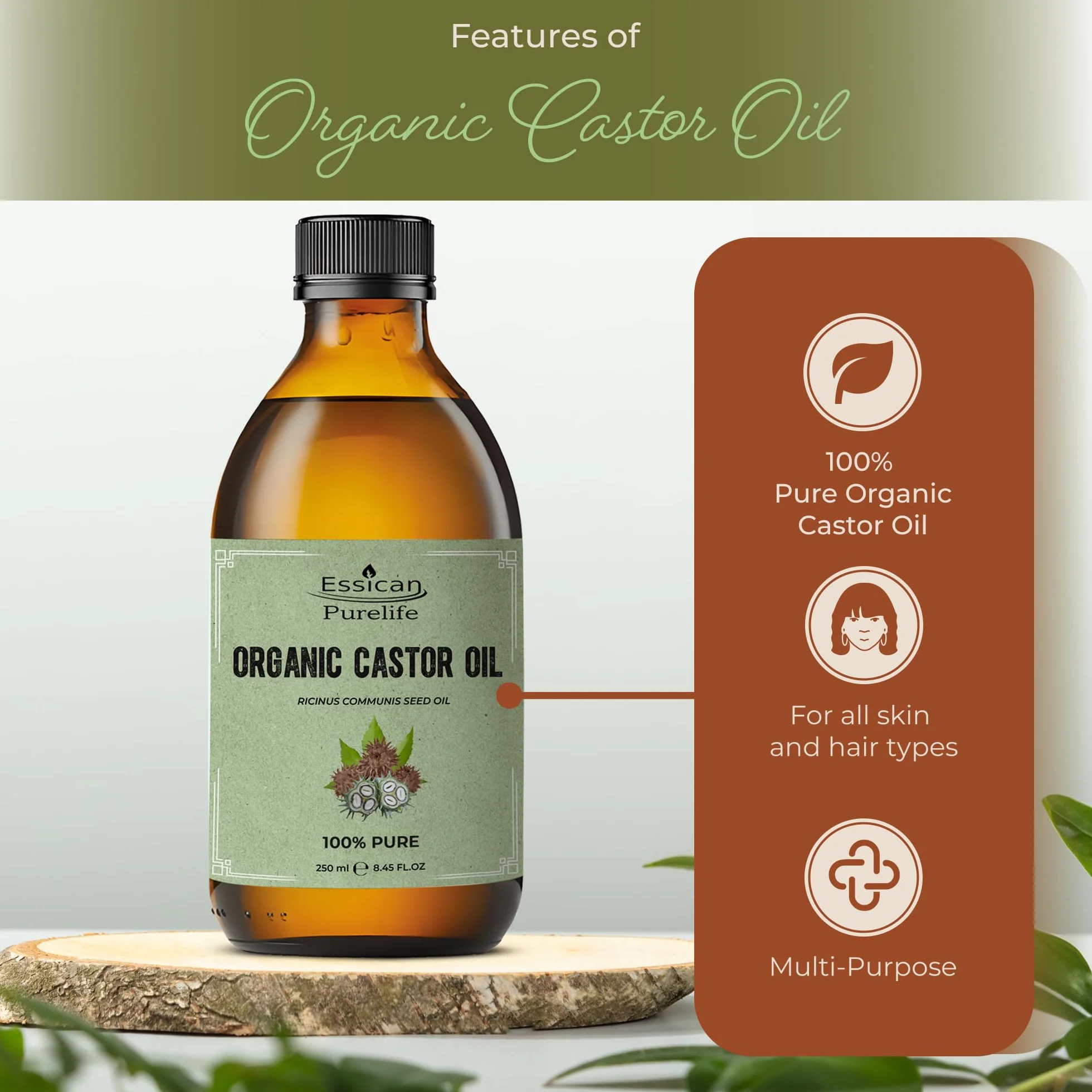 Essican Purelife Aceite de Ricino Orgánico Sin Hexano 250ml, Prensado en Frío Natural para Piel, Rostro, Cuerpo, Cabello
