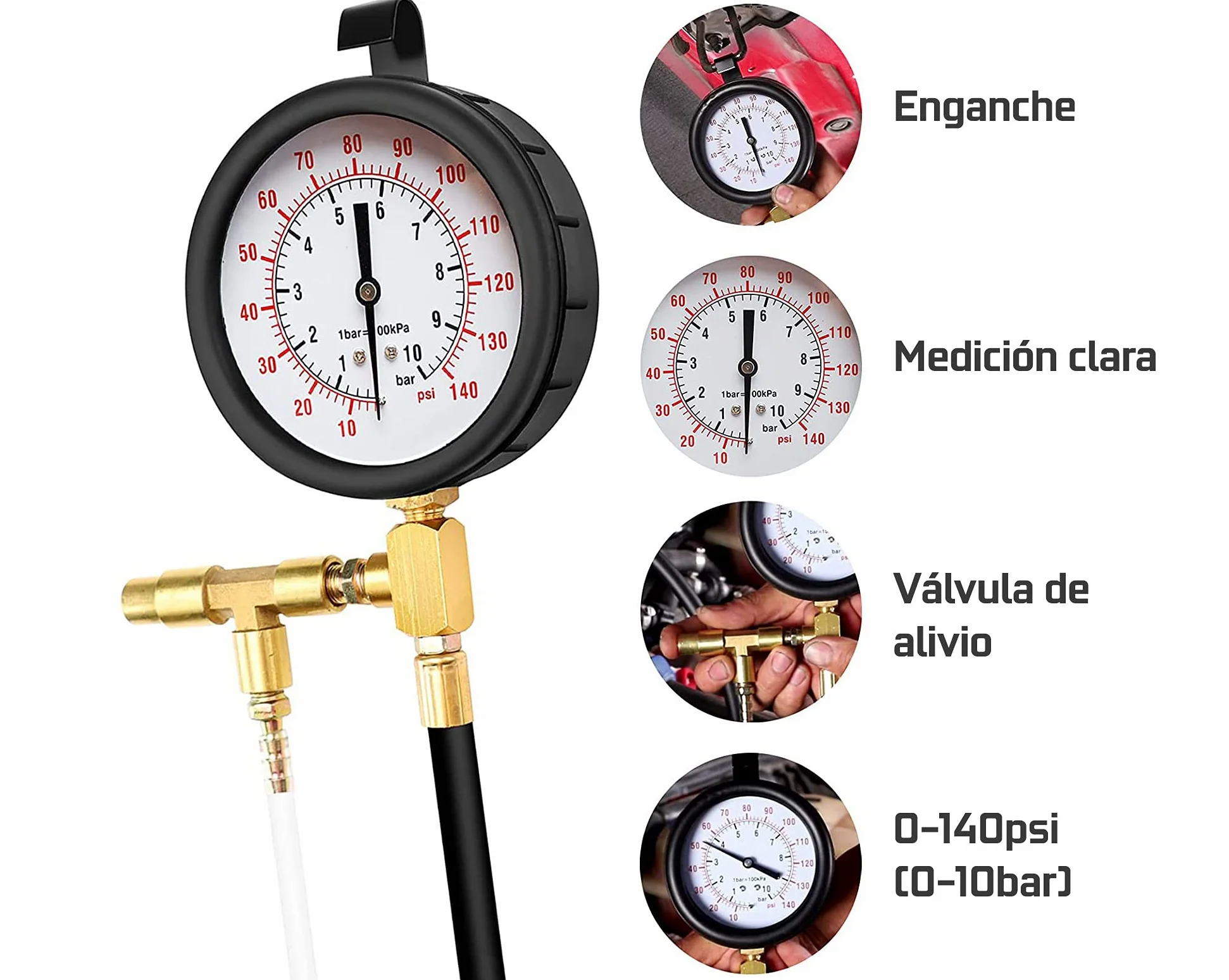 Medidor de compresión de combustible para motores Diésel y Gasolina, 0 a 10 bar TU-443. Compresimetro gasolina