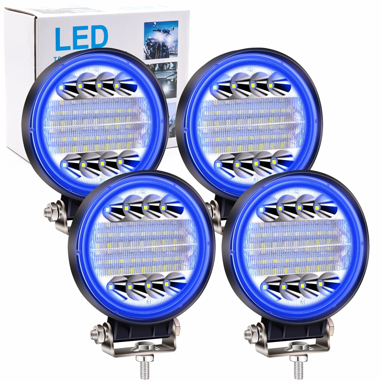 4PCS 96W Foco Led Tractor con Azul Angel Eyes,Faros Trabajo LED 12V 24V Focos de Coche LED Potentes Faros Adicionales Coche Luz de Niebla luz Auxiliar Moto 7200LM para Offroad Tractor Camión Barco