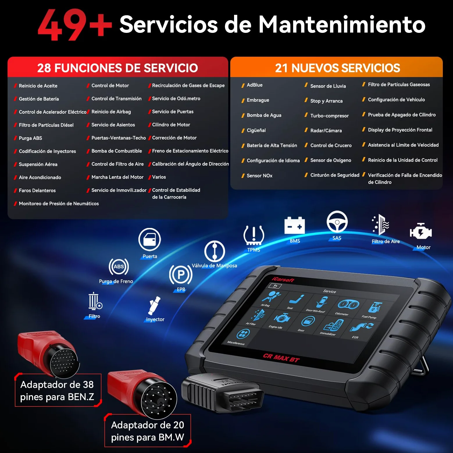 iCarsoft CR MAX BT OBD2 Máquina Diagnosis Coche Multimarca, Bidireccional Escáner de Todo el Sistema, 49 Funciones Reinicio, Codificación de ECU, CANFD, Vin Automático, 2 Adaptadores Incluidos