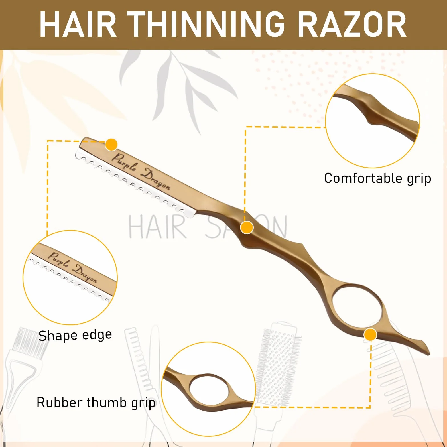Cuchillo para Adelgazar el Cabello, Cuchilla de Afeitar de Peinado, Maquinillas de Afeitar Texturizadoras de Corte Manual de Cabello con 10 Navajas de Repuesto (Oro)