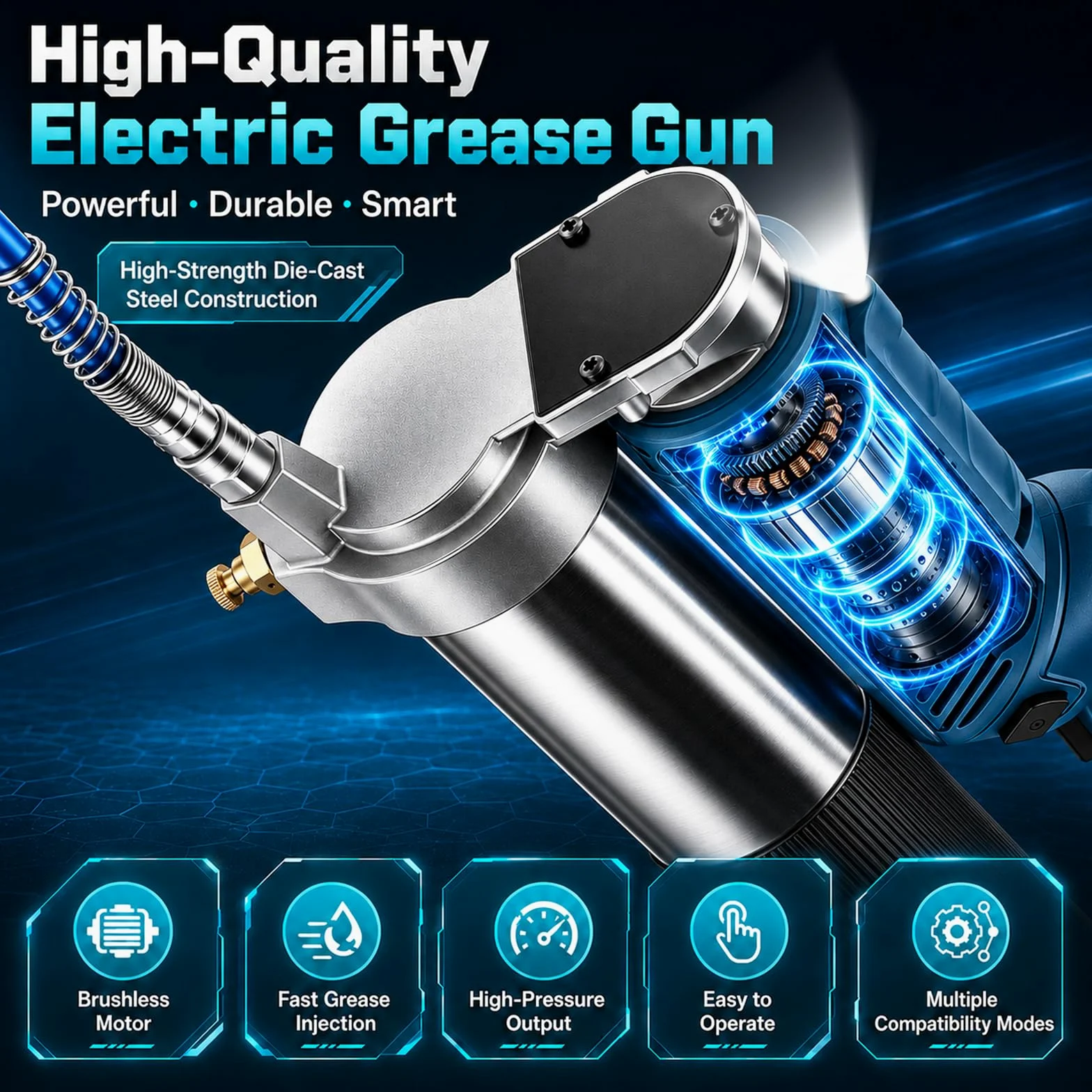 Engrasadora Eléctrica 12000PSI 5.4oz/min, Kit con Manguera 1m y 3 Boquillas