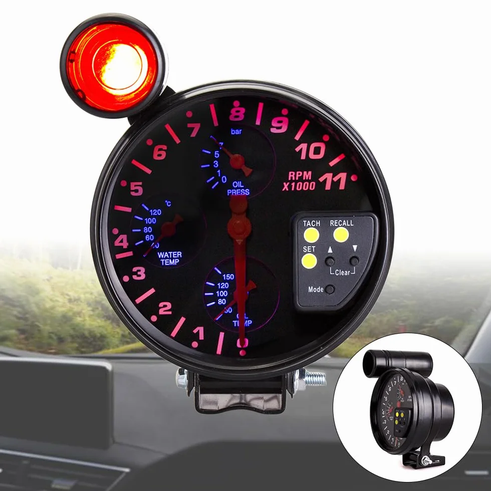 MASO - Velocímetro 4 en 1, 13 cm, Rpm, 12 V, con Soporte, con Indicadores de Cambio de Marchas, Indicadores de Presión y Temperatura del Aceite, para Automóviles