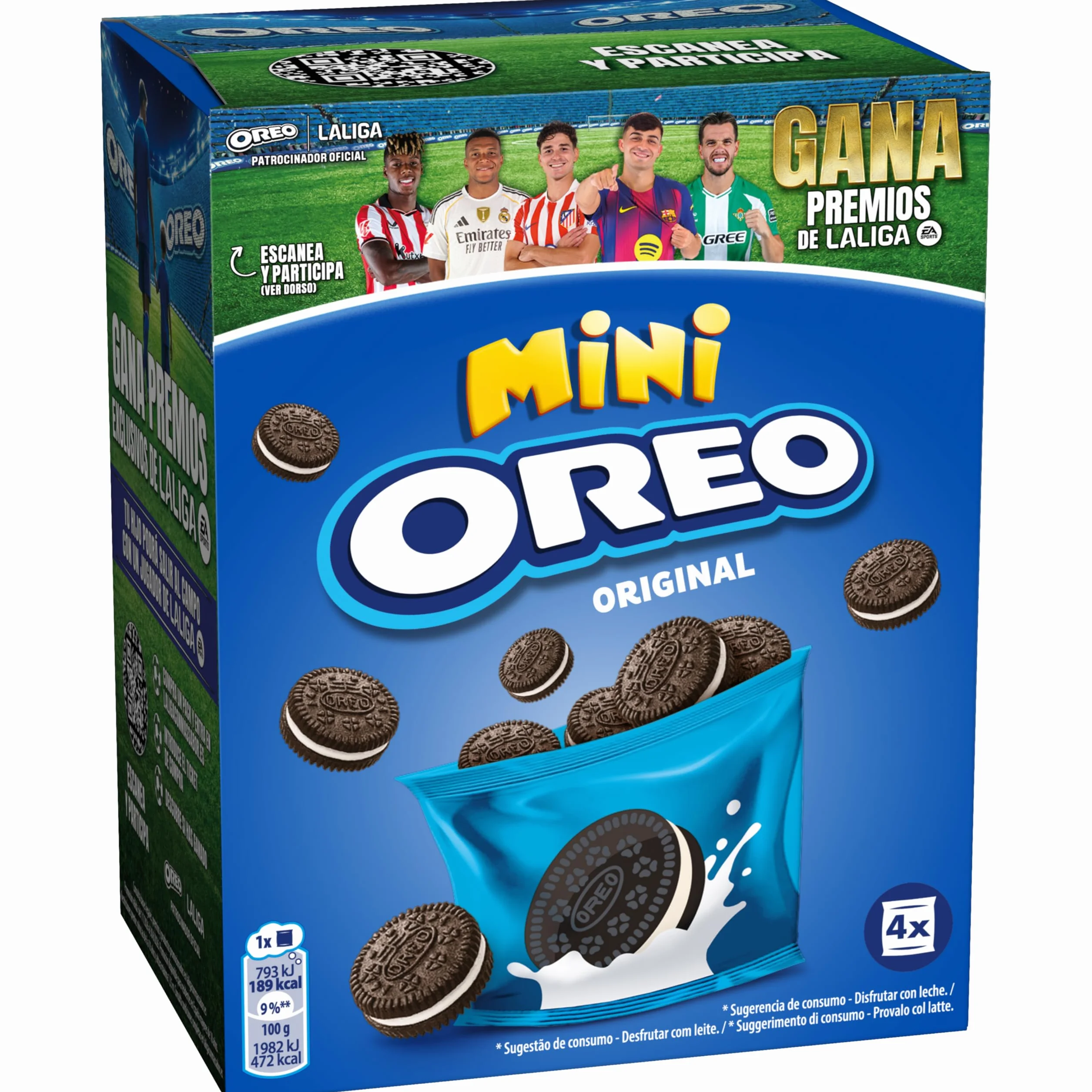 Oreo Mini Galletas de Cacao Rellenas de Crema Sabor Vainilla, Paquete 4 Bolsitas 160 g
