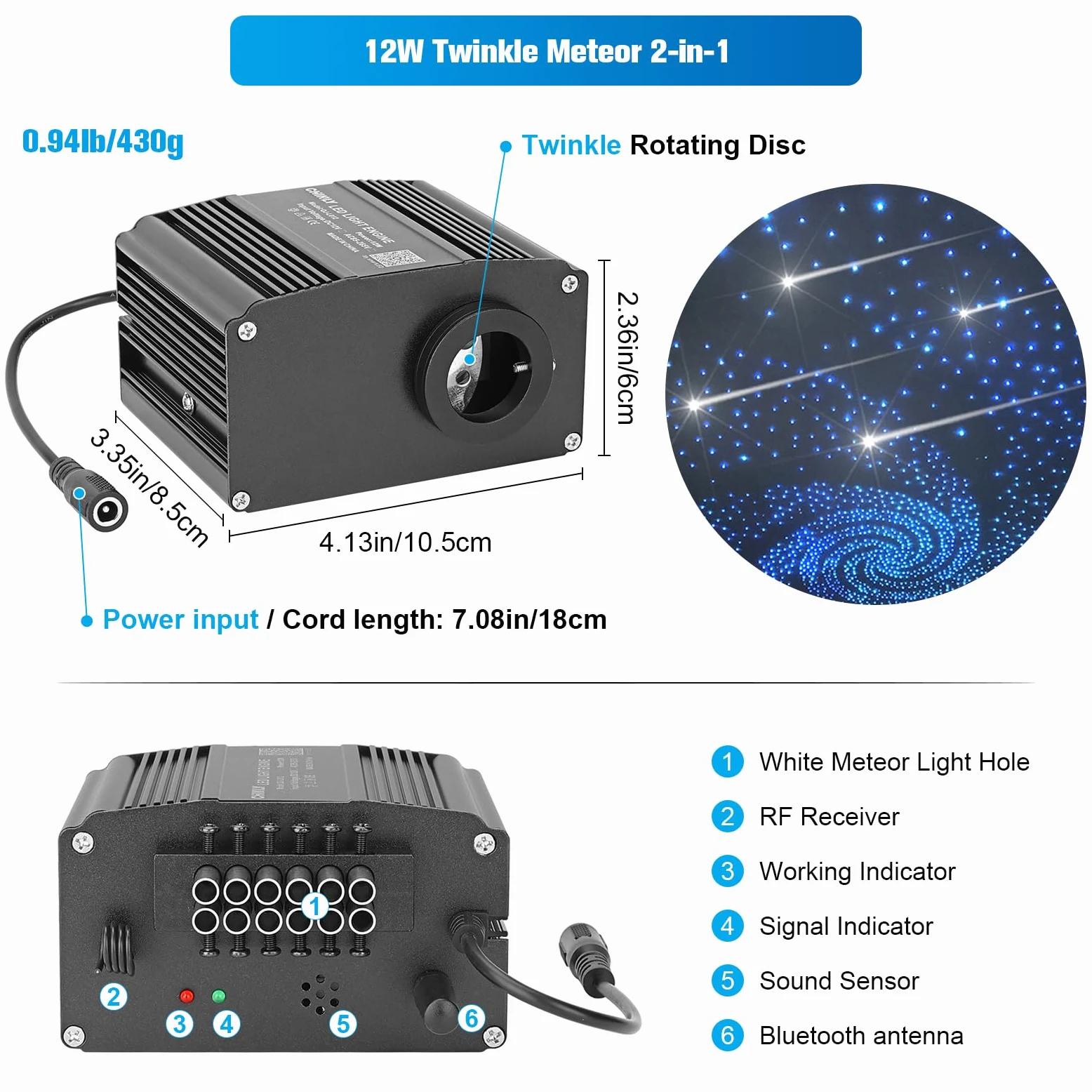CHINLY 12W Meteoro Luces Techo Estrellado Coche, RGBW Control por APP Bluetooth y Mando, Activación por Música, 450pcs of (0,75mm+1,0mm+1,5mm)*3m Kit Luces Fibra Optica para Coche/Cine/Hogar