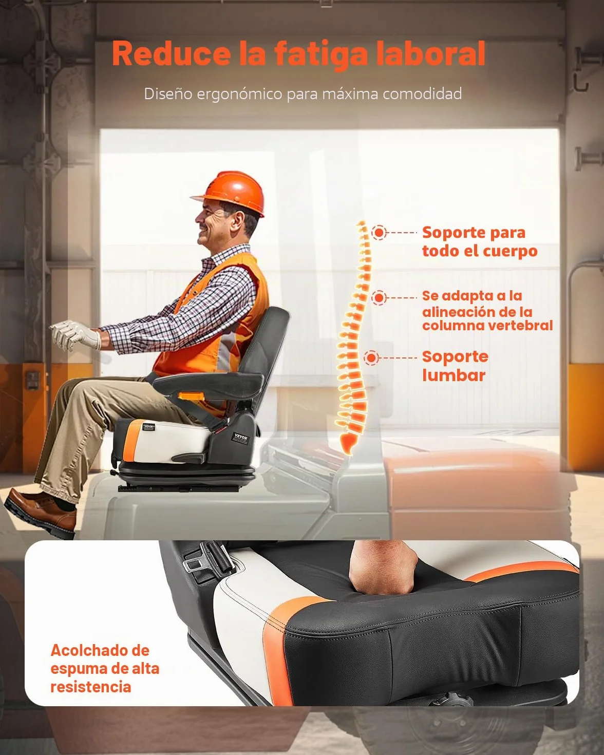 VEVOR Asiento Universal para Carretilla Elevadora 60 x 51 x 64cm, Asiento con Suspensión, Respaldo Ajustable, Reposabrazos y Cinturón de Seguridad, Microinterruptor, para Cortadora de Césped, Tractor