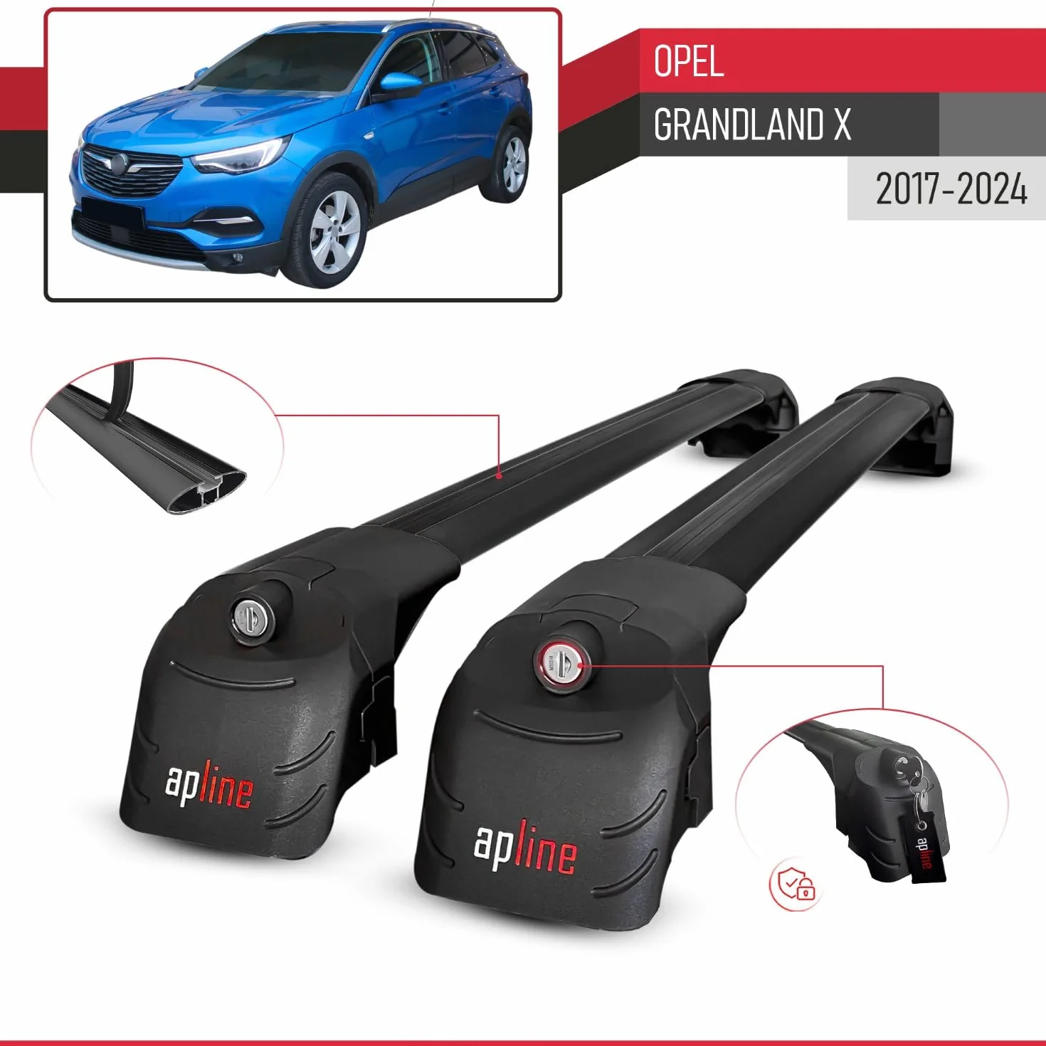 Compatible con Opel Grandland X 2017-2024 Modelo Ace-2 Barra de Techo Auto Portaequipajes Barras Transversales Negro Aluminio 2 Barras