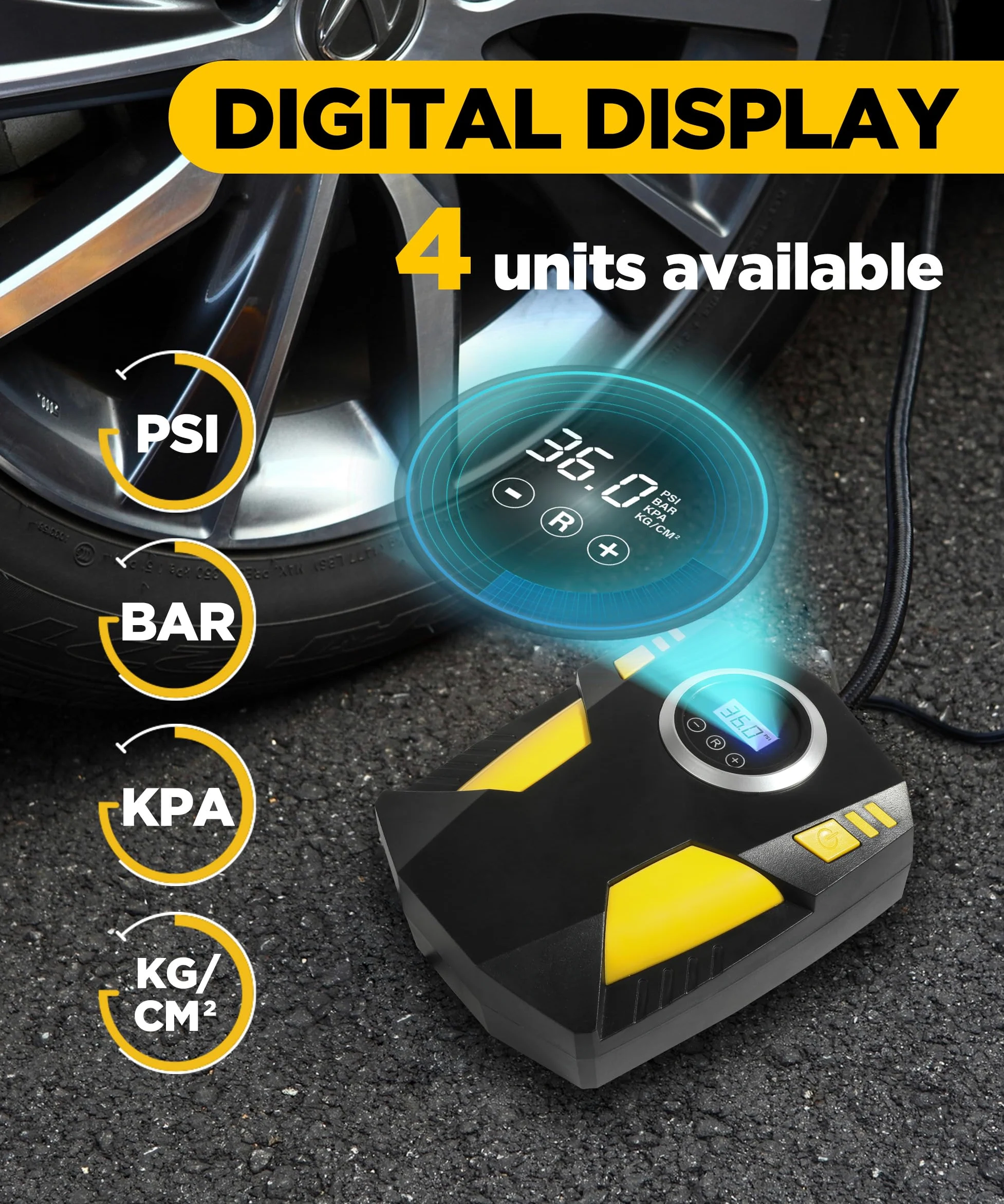 YAKEFLY Inflador de neumáticos, compresor de aire portátil, bomba de neumáticos de coche de 12 V CC con medidor de presión digital, apagado automático de 150 PSI con flash LED de emergencia, compresor