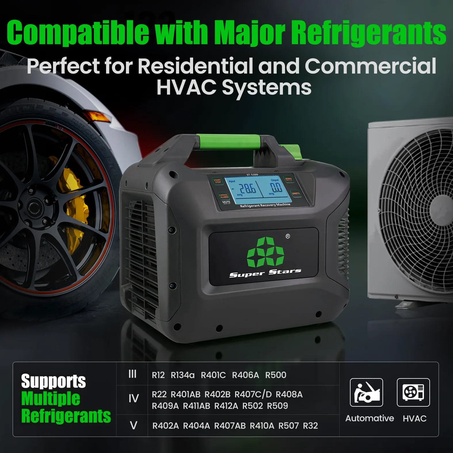 Super Stars Máquina de recuperación de refrigerante compatible con A2L | 1 HP (750 W), pantalla digital sin escobillas, autolimpieza, unidad HVAC portátil, para CFC HFC HCFC
