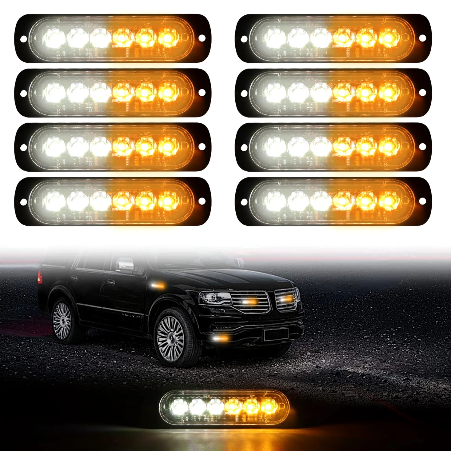 DIBMS Luces estroboscópicas LED de emergencia, 8 luces estroboscópicas de advertencia estroboscópicas de 6 LED ámbar blanco para coche, camión, furgoneta, SUV y vehículos todoterreno