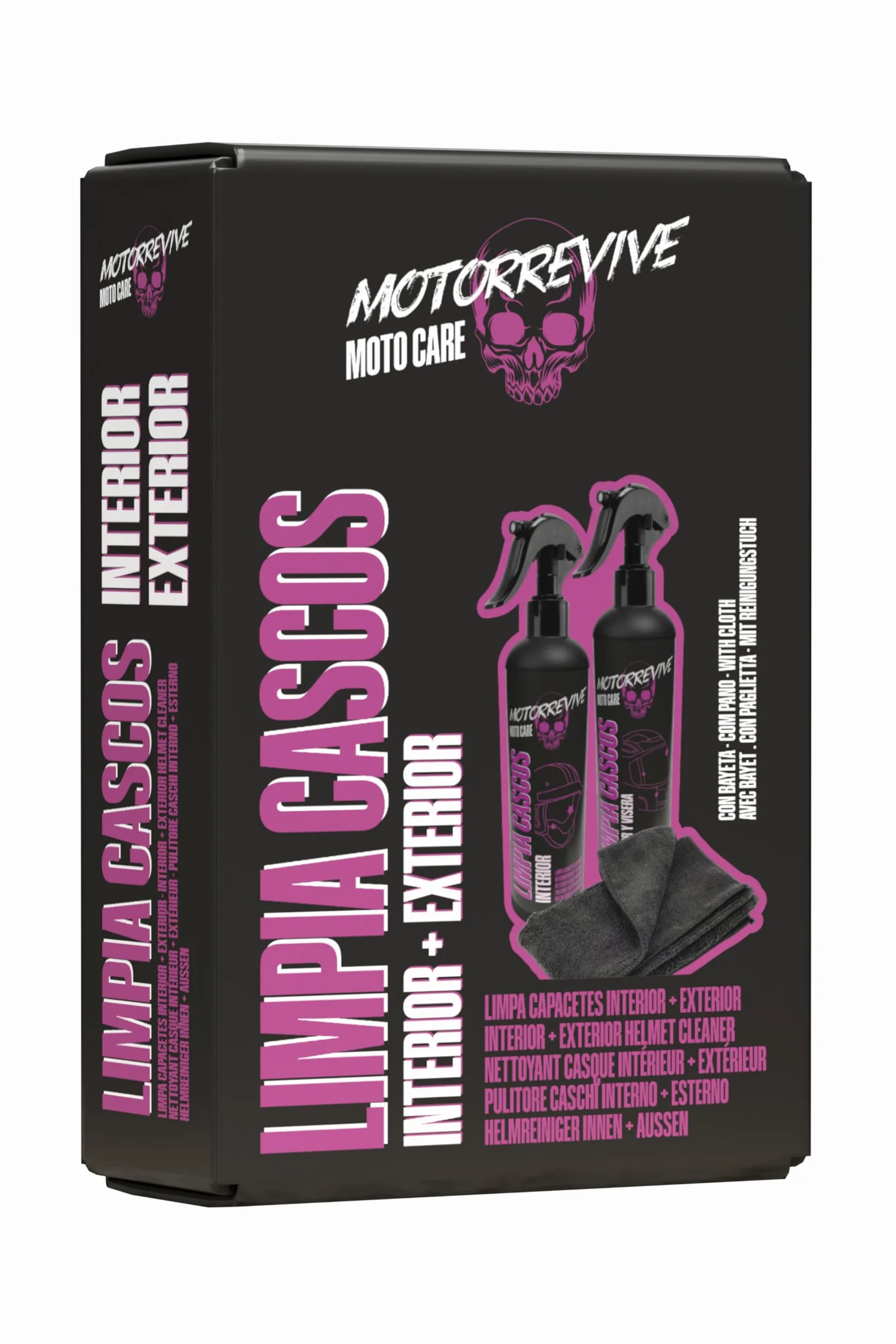 Pack Limpieza de Cascos de Moto 200 + 200 ml. Spray limpiador Interior + Exterior y Visera + Bayeta de Microfibra. Higiene Completa y Cuidado Profesional para Casco de Motocicleta