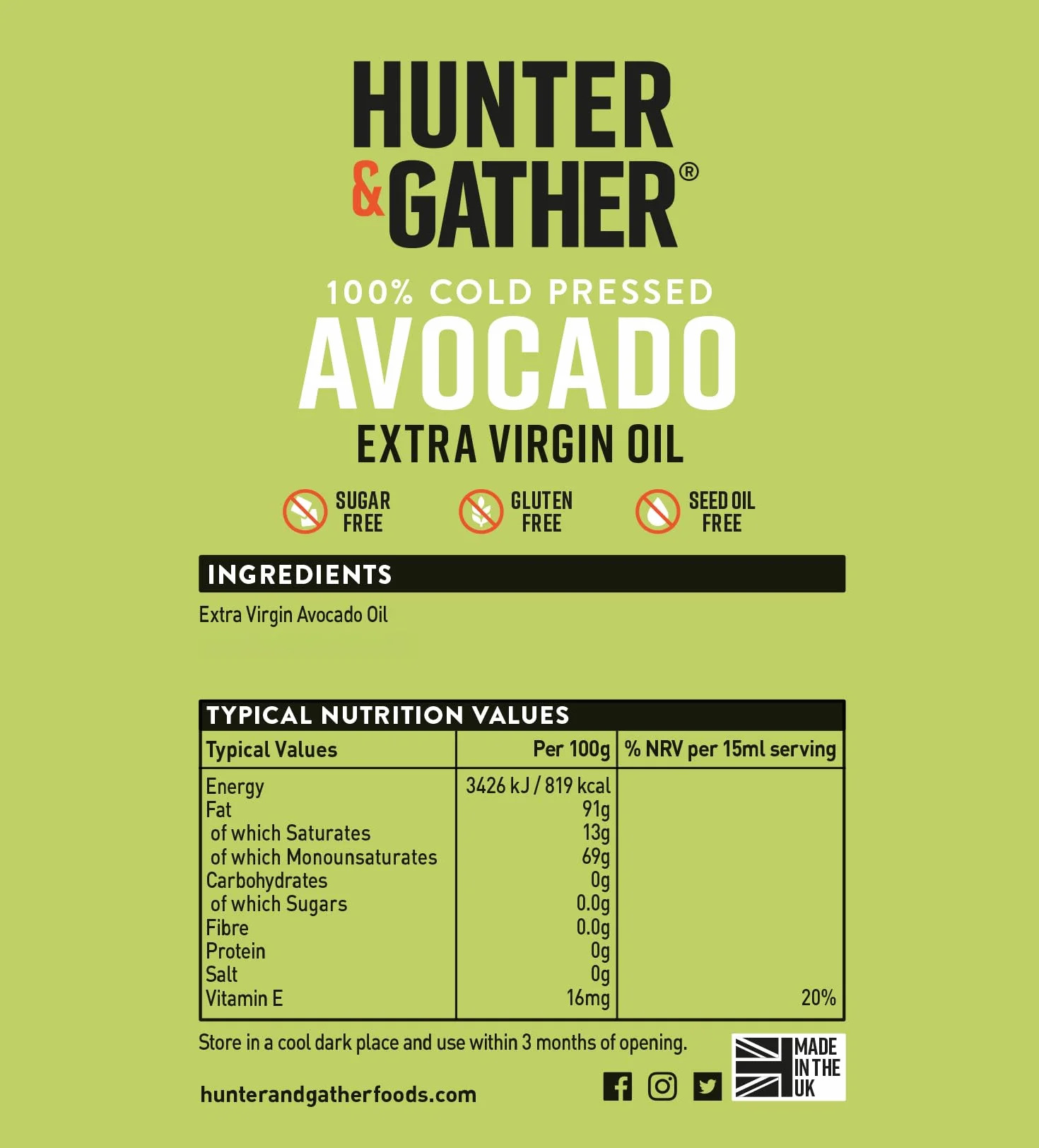 Hunter & Gather Aceite de Aguacate Extra Virgen Prensado en Frio Sin Refinar 500 ml