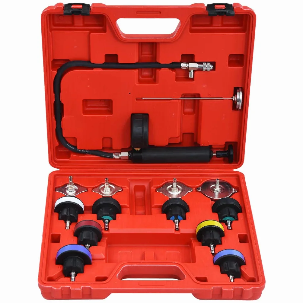 Comprobador de presión de 14 piezas para sistemas de refrigeración y tapa del radiador con 12 adaptadores, rango de presión 0-2,5 bar, maletín de almacenamiento rojo, universal para coche