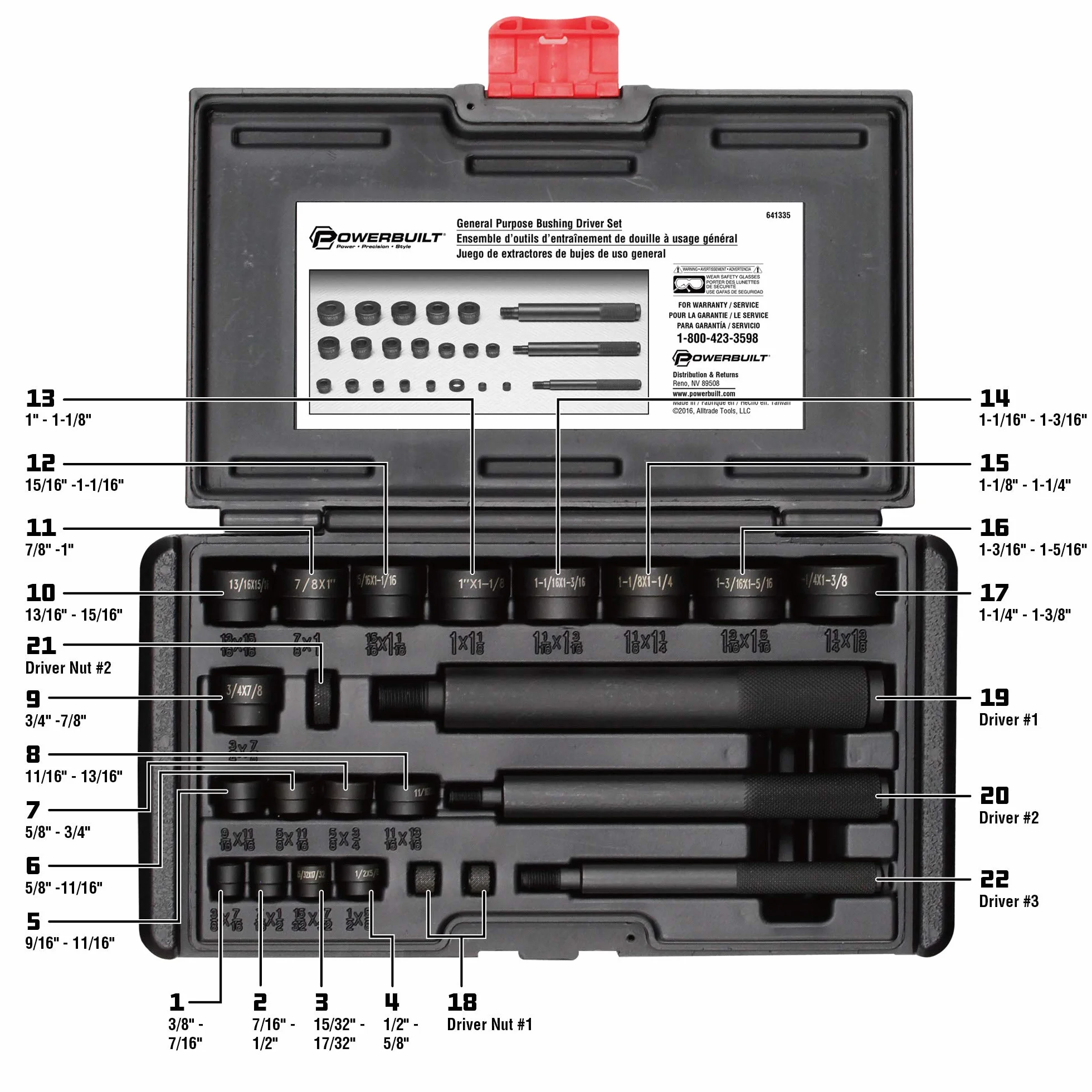 Powerbuilt Kit de Herramientas de Conductor de bujes de Uso General, Juego de Herramientas para Instalar y Quitar bujes a presión, Coches, Camiones, Tractores, vehículos - 641335