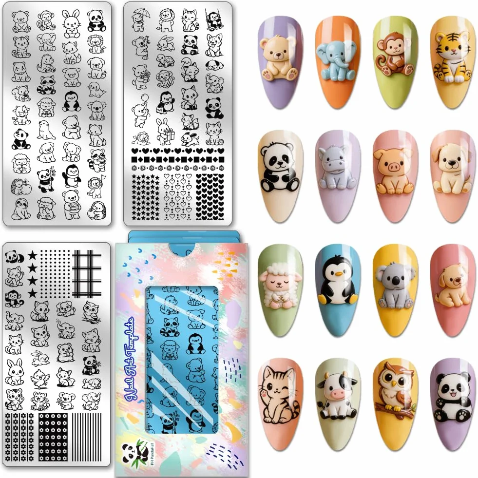 PH PandaHall 3 placas de estampado de uñas animales lindos oso mono panda pingüino gato plantillas acero inoxidable