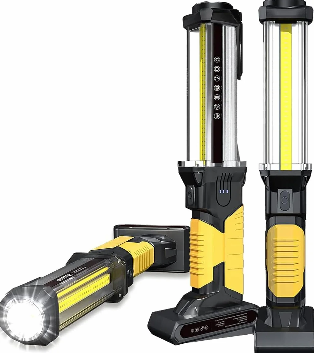 WARSUN 2-Pack Lámparas de Trabajo LED Recargables 1500LM COB con Imán y Gancho Amarillo