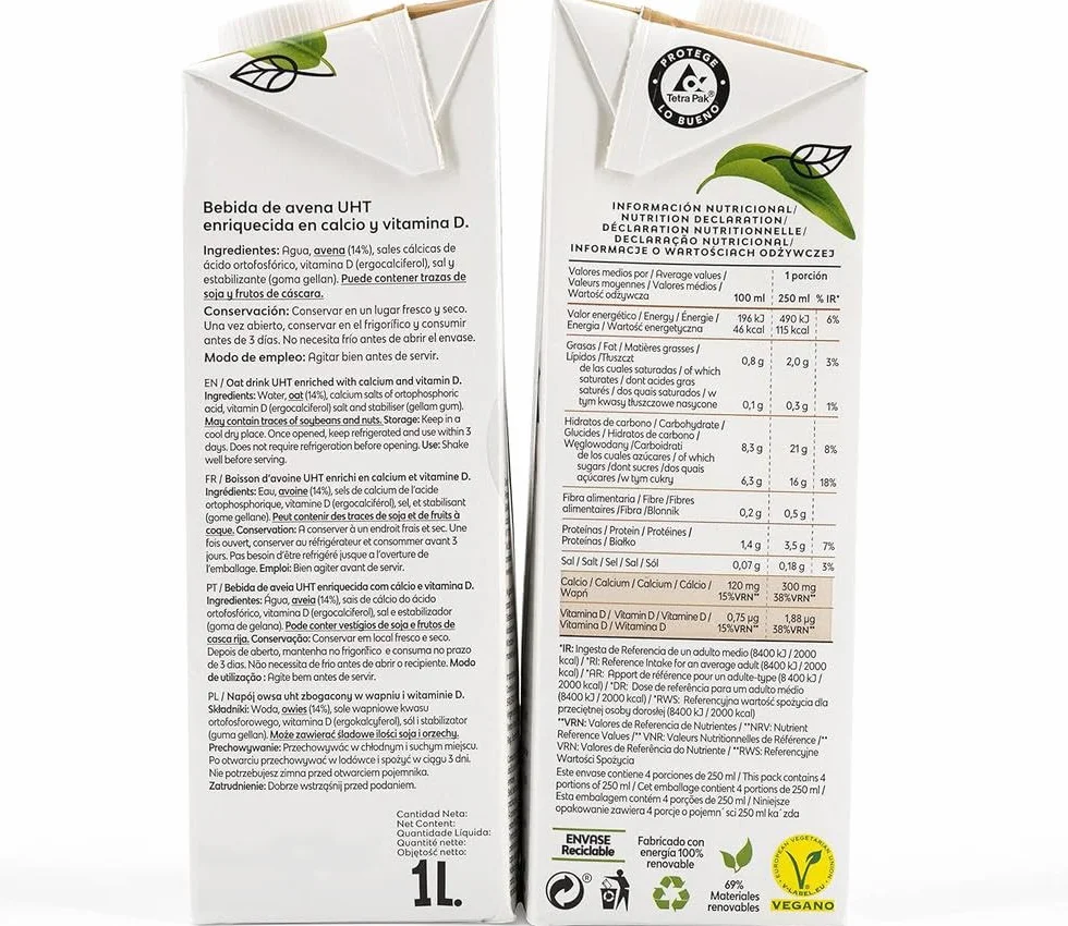 Frías Bebida Vegetal de Avena Enriquecida con Calcio Pack 6 x 1L Sin Lactosa Sin Azúcares Añadidos Vegana