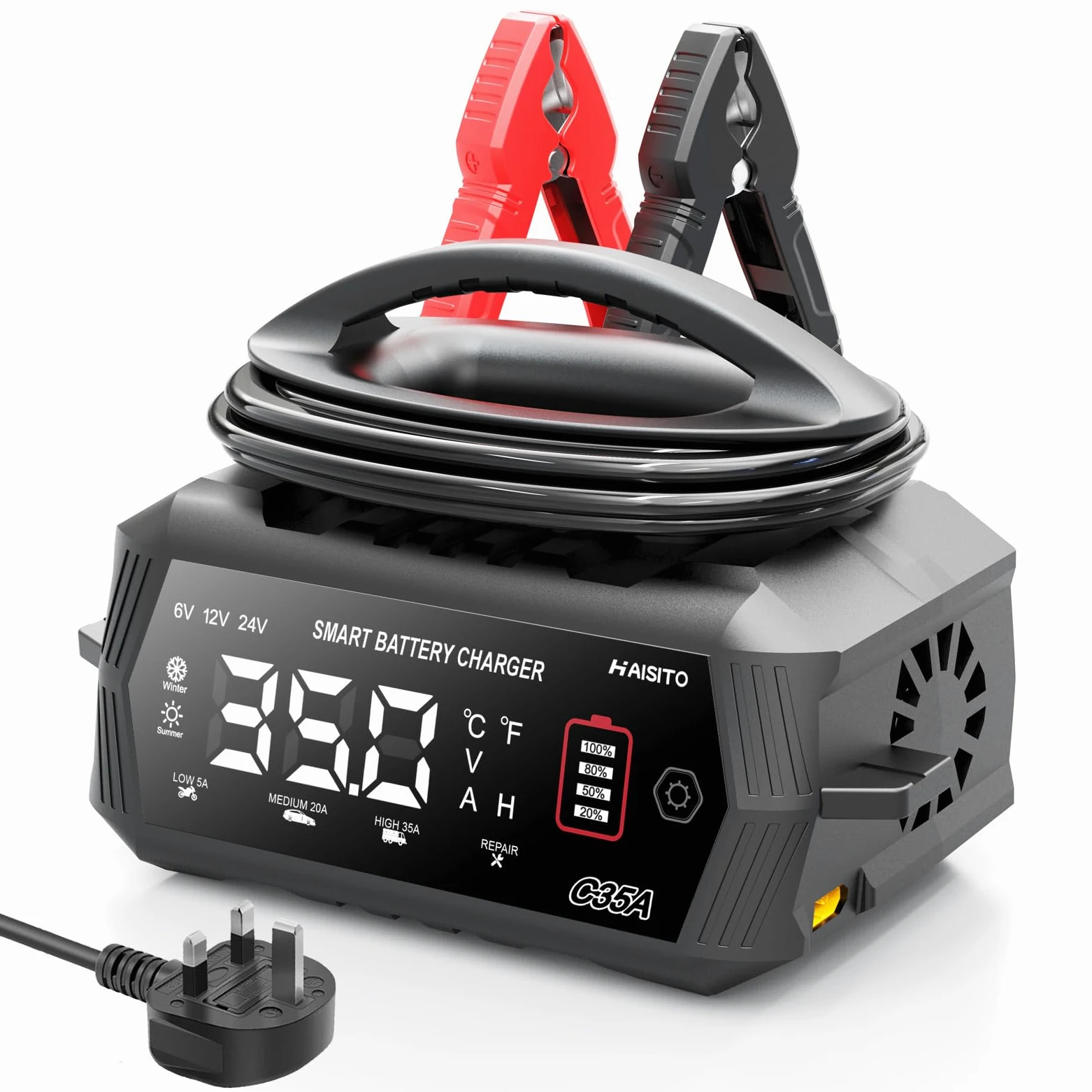 Haisito C35A - Cargador de batería de coche de 6 V/12 V/24 V para coche, moto, cortacésped, barco, litio, LiFePO4 y ácido de plomo (AGM, gel, MF, EFB, SLA, VRLA.