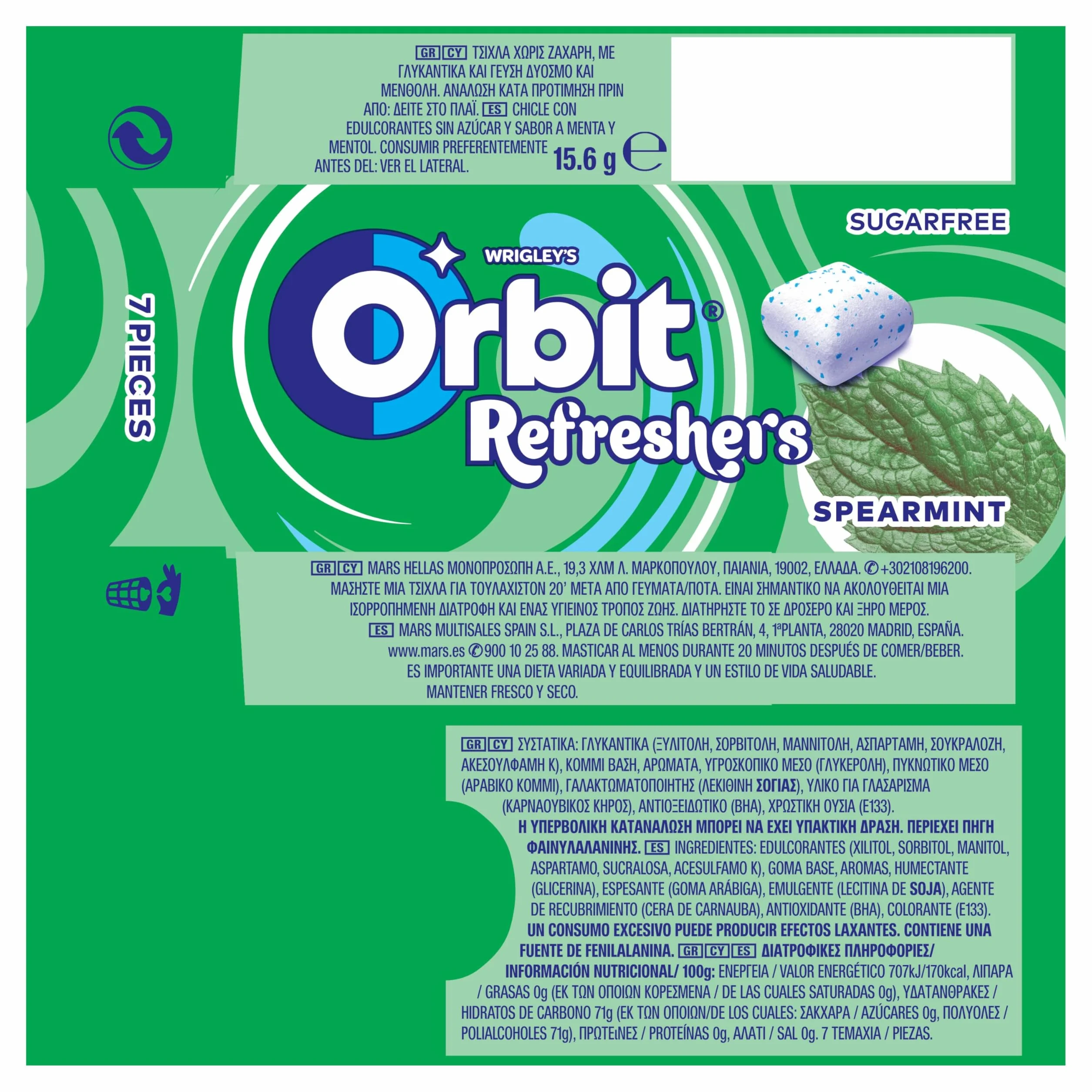 Orbit Refreshers Chicles Sin Azúcar Sabor Hierbabuena Pack Bolsillo 16x7