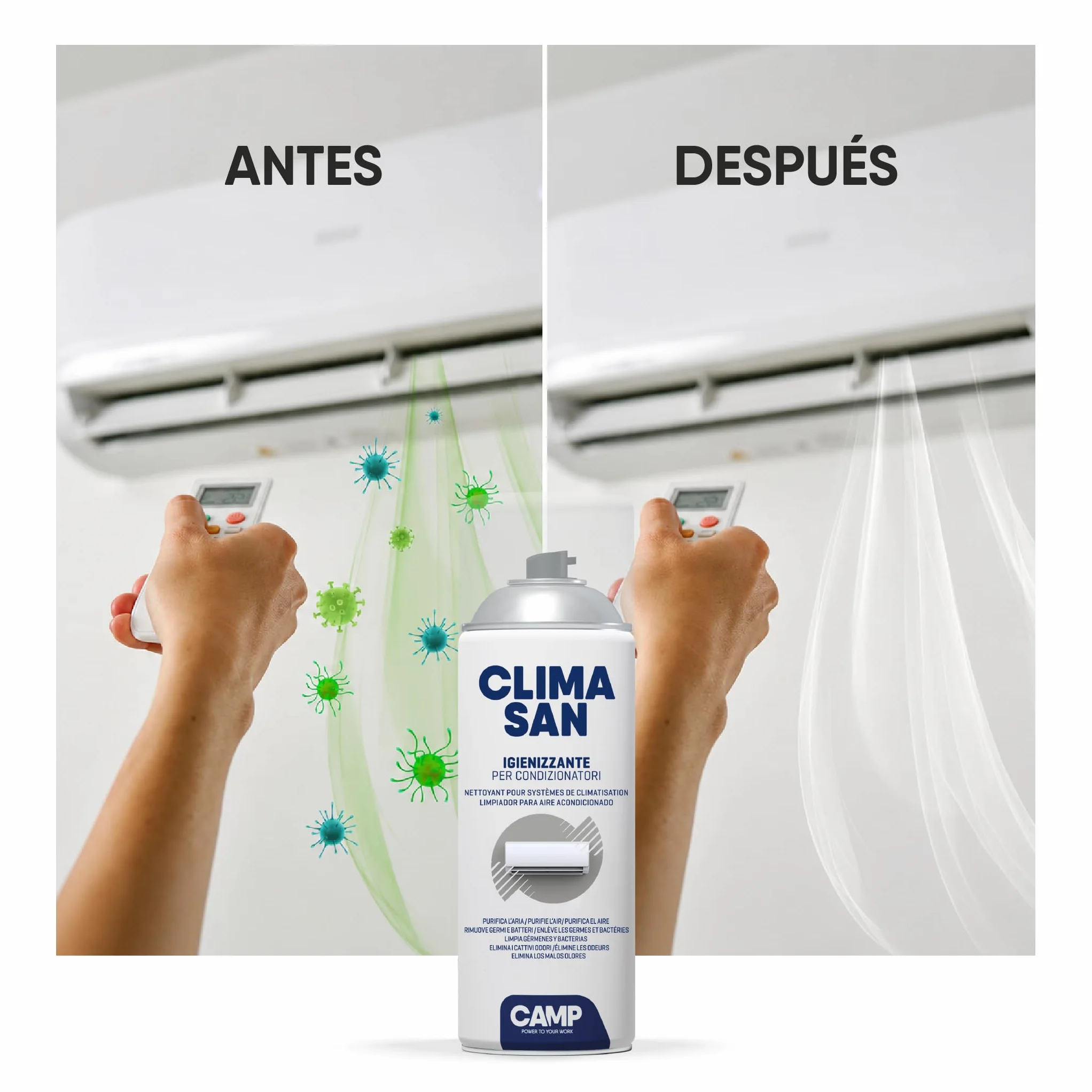 CAMP Climasan Limpiador – Limpiador Aire Acondicionado Casa, Spray para Climatizador Ideal para Remover Gérmenes y Bacterias, Limpieza Aire Acondicionado a Acción Purificadora, Made in Italy, 400 ml