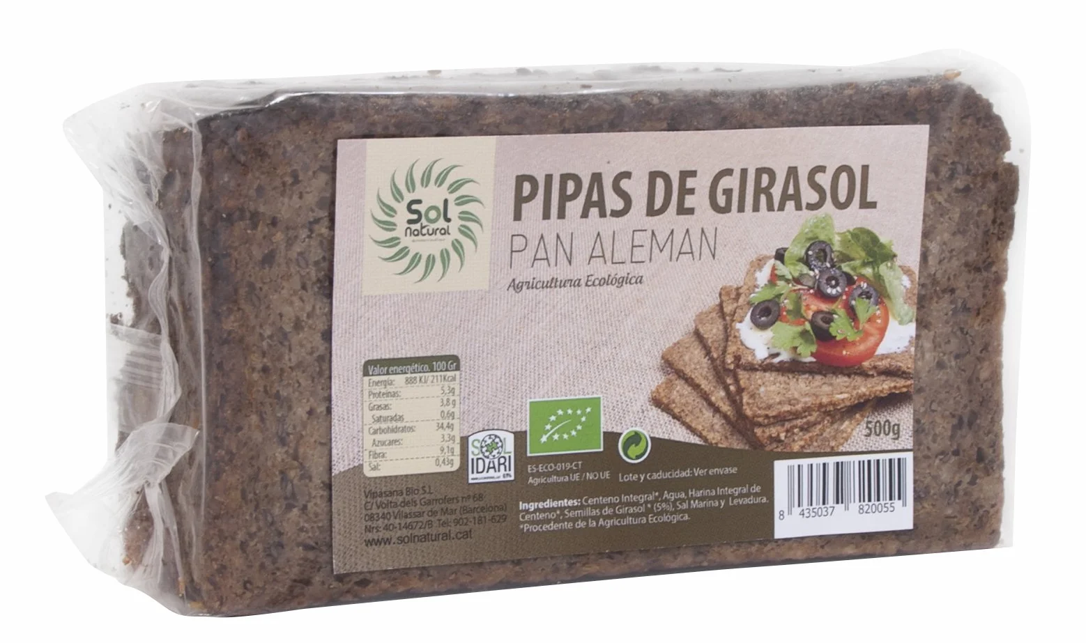 Sol Natural Pan Aleman con Pipas de Girasol 500 g