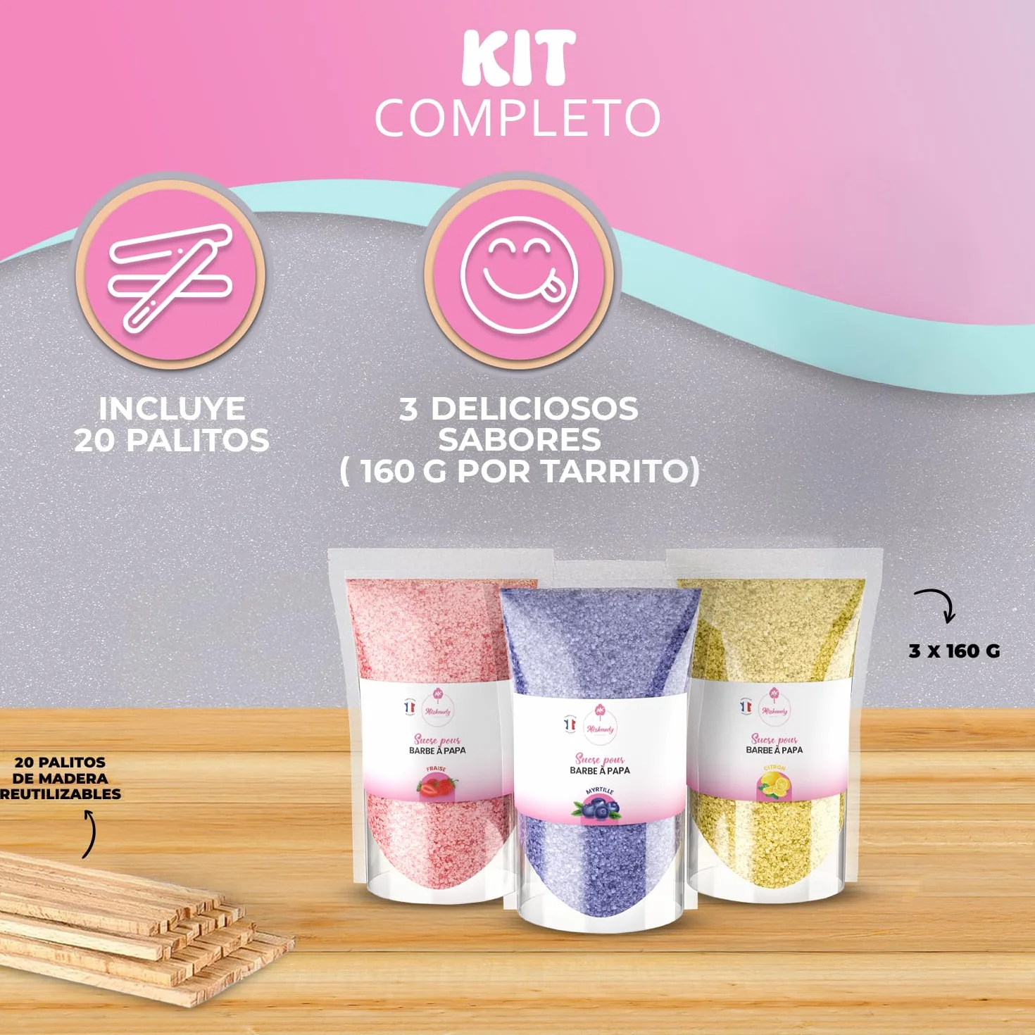 Misskandy Algodón de Azúcar para Máquina Pack 3x160g Sabores Naturales Fresa Arándano Limón