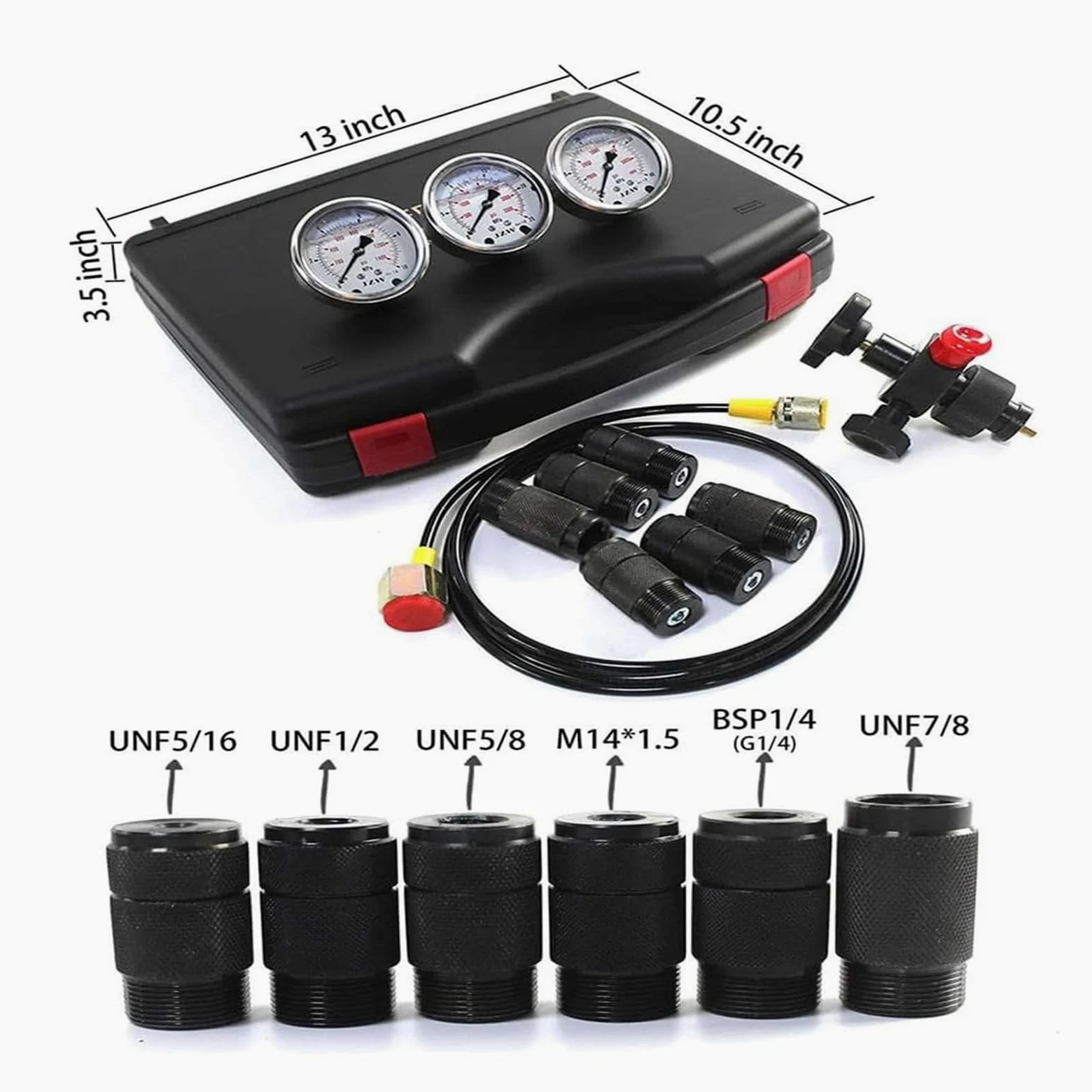 Kit de llenado de nitrógeno, Kit de Carga de acumulador hidráulico de nitrógeno, Sistema de Prueba de presión, Herramientas de Carga de Gas con 7 s, 3 manómetros, 1 Manguera de Gas