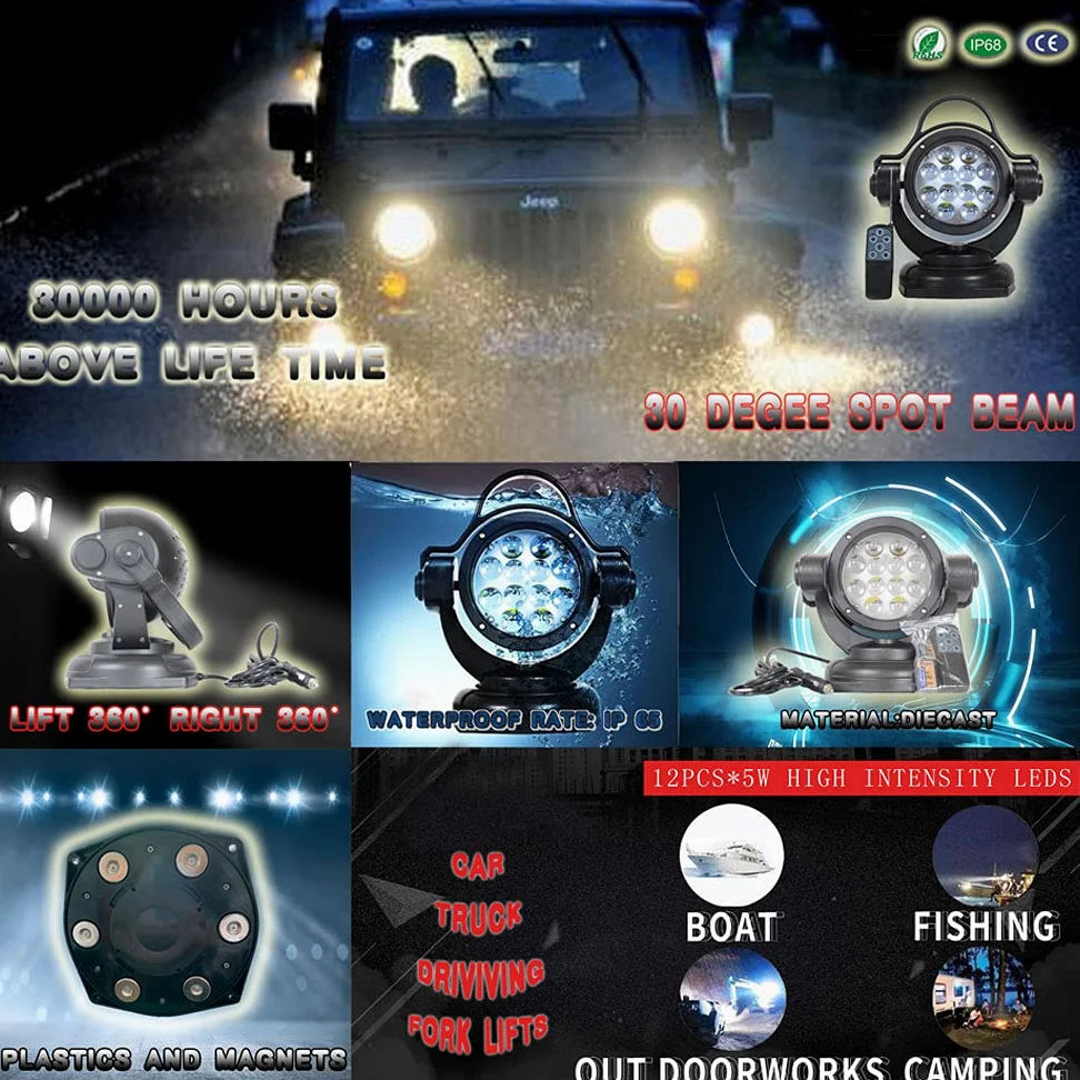 SXMA Luz de búsqueda LED de 60 W con control remoto, rotación de 360 ​​grados, luz de trabajo LED, luces de conducción LED para automóviles, camionetas, barcos