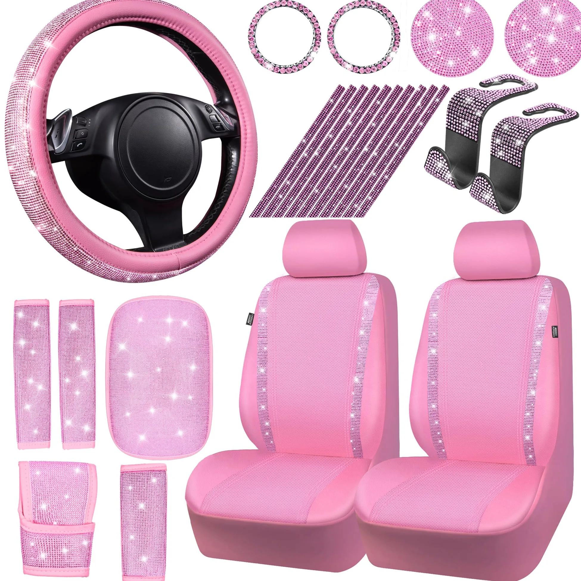 CAR PASS Juego de 24 accesorios de diamantes rosas para mujer, fundas de asiento de cuero, funda de volante de 15 pulgadas, ganchos brillantes de diamantes de imitación, posavasos, bonitas