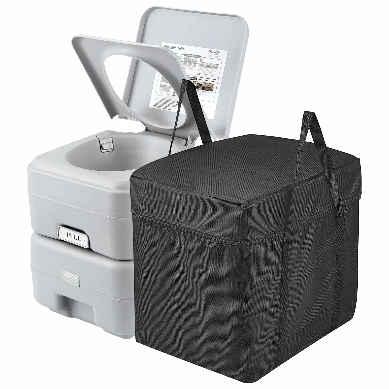 VEVOR Inodoro Portátil para Acampar con Bolsa de Transporte, Tanque de Desechos de 20 L y Tanque de Descarga de 12 L, Presurizado con Botón, a Prueba de Fugas, para Autocaravana, 430 x 340 x 420 mm