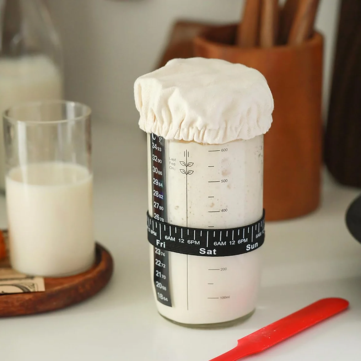 Kit de iniciación de masa madre, tarro de fermentación 730 ml, vidrio, espátula, termómetro, funda de tela, tapa metálica