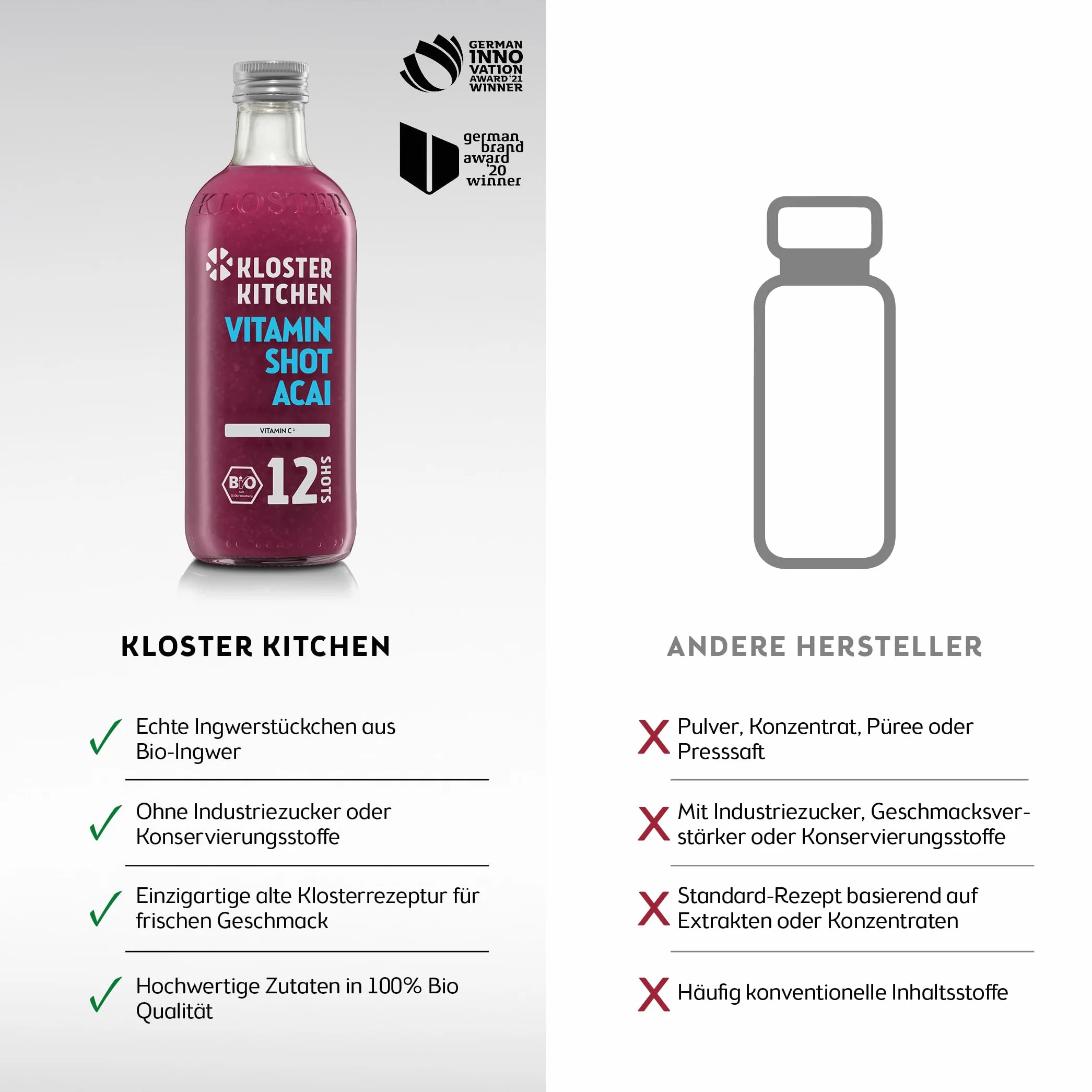 Kloster Kitchen Organic Vitamin Shot Acai Ginger 6x 360 ml botella de cristal vegana sin aditivos