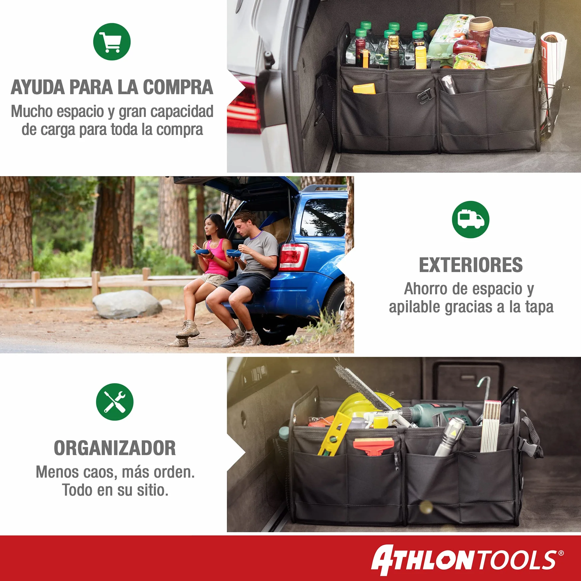 ATHLON TOOLS Bolsa de maletero prémium con tapa, XXL de 60 litros organizador de maletero, base extraestable e impermeable con cierre de tiras antideslizante