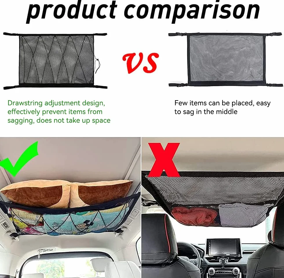 Red Techo Furgoneta Camper,90cmx65cm Organizador Bolsa de Red de Carga con Cremallera, Red Elastica con 2 Ganchos Ajustables, Almacenamiento de Viaje Largo para Jeep Van SUV