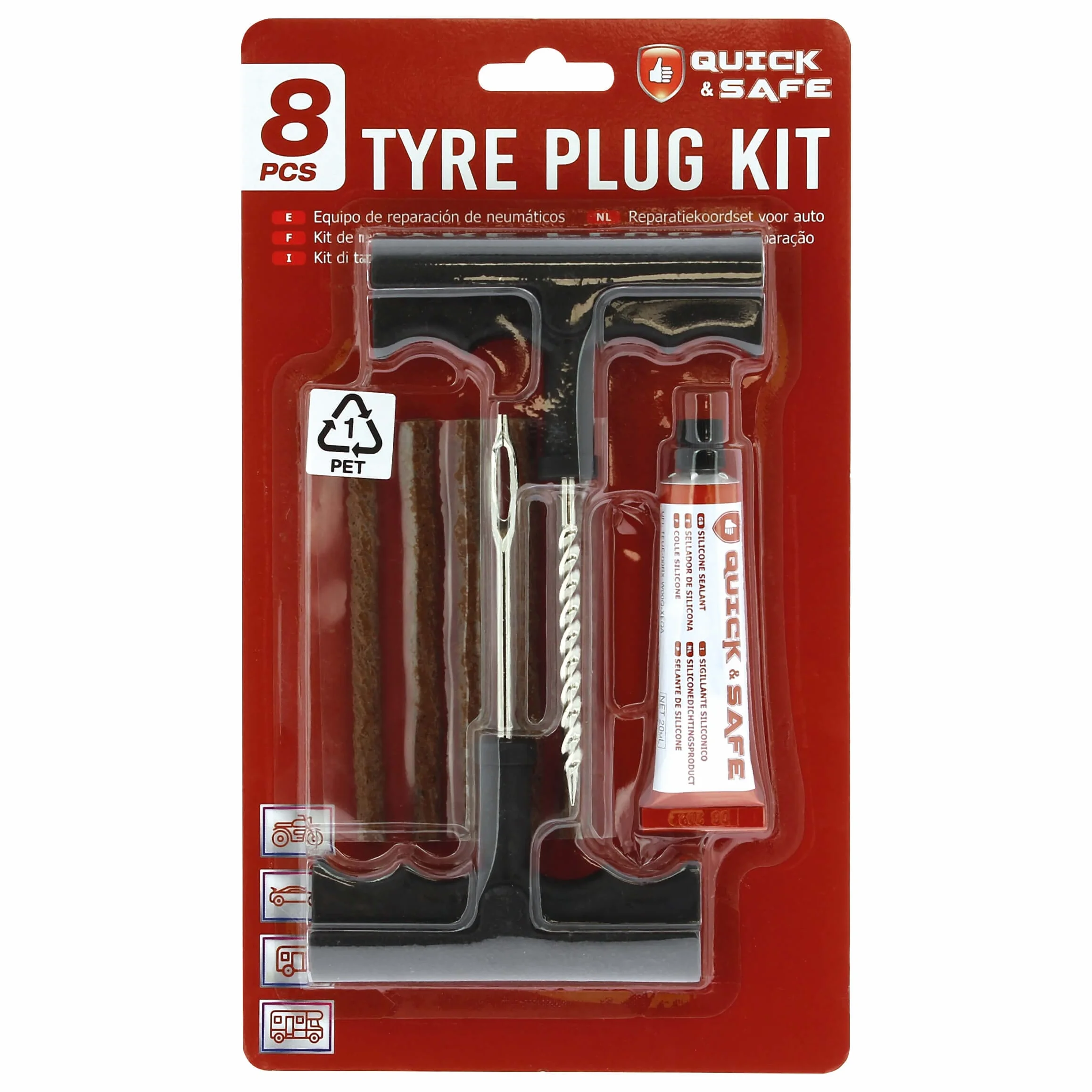 S SUMEX Kit de Reparación de Pinchazos para Neumáticos, Válido para Todo Tipo de Ruedas, con 5 Mechas, 2 Herramientas y Bote Sellante