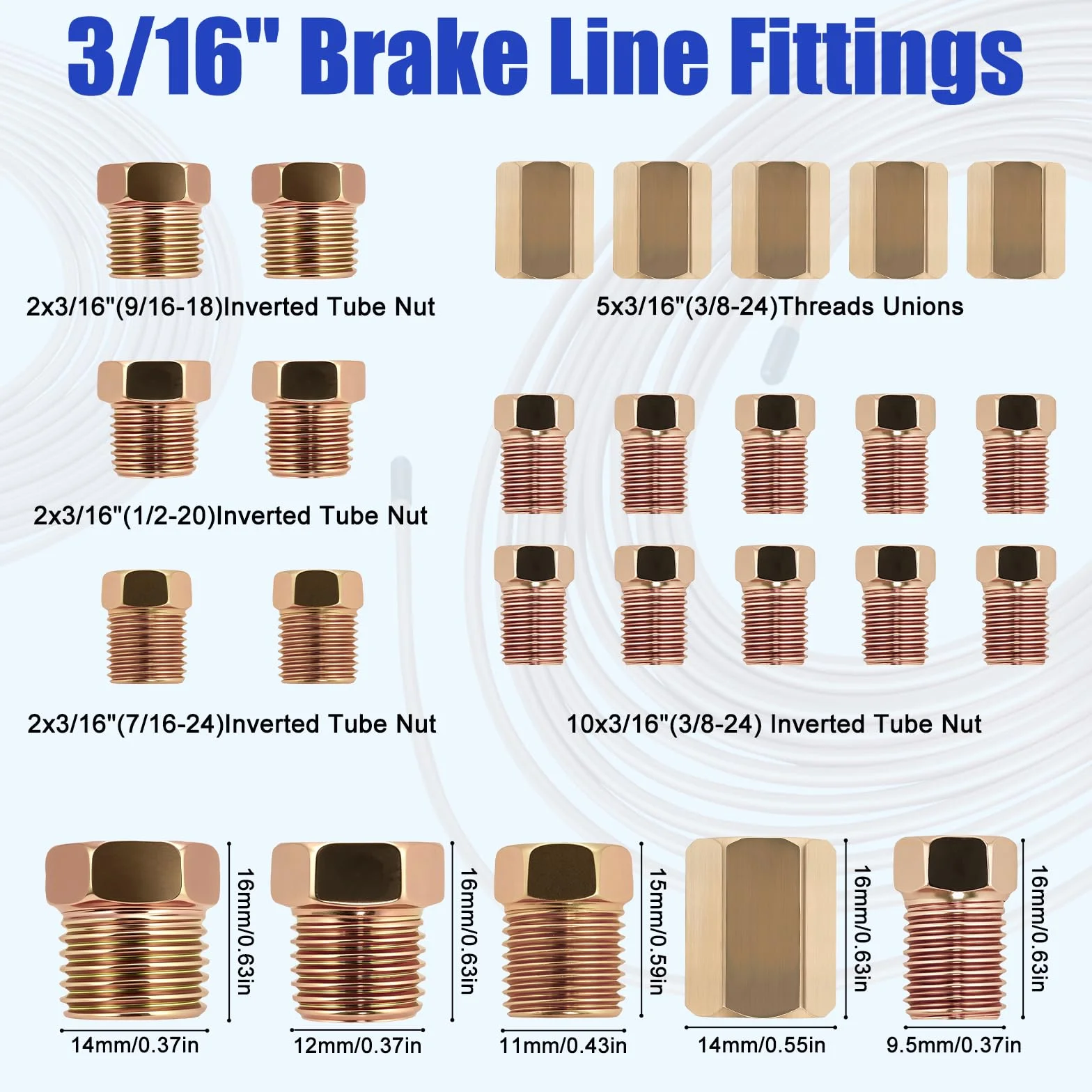 Poweka Kit de Herramienta Abocardar Tubos Freno DIN, 4,75 mm (3/16") Universal Herramienta para Bordes de Tubos de Freno, 7,62 m Cable de Freno con 16 Racores y 5 Conectores