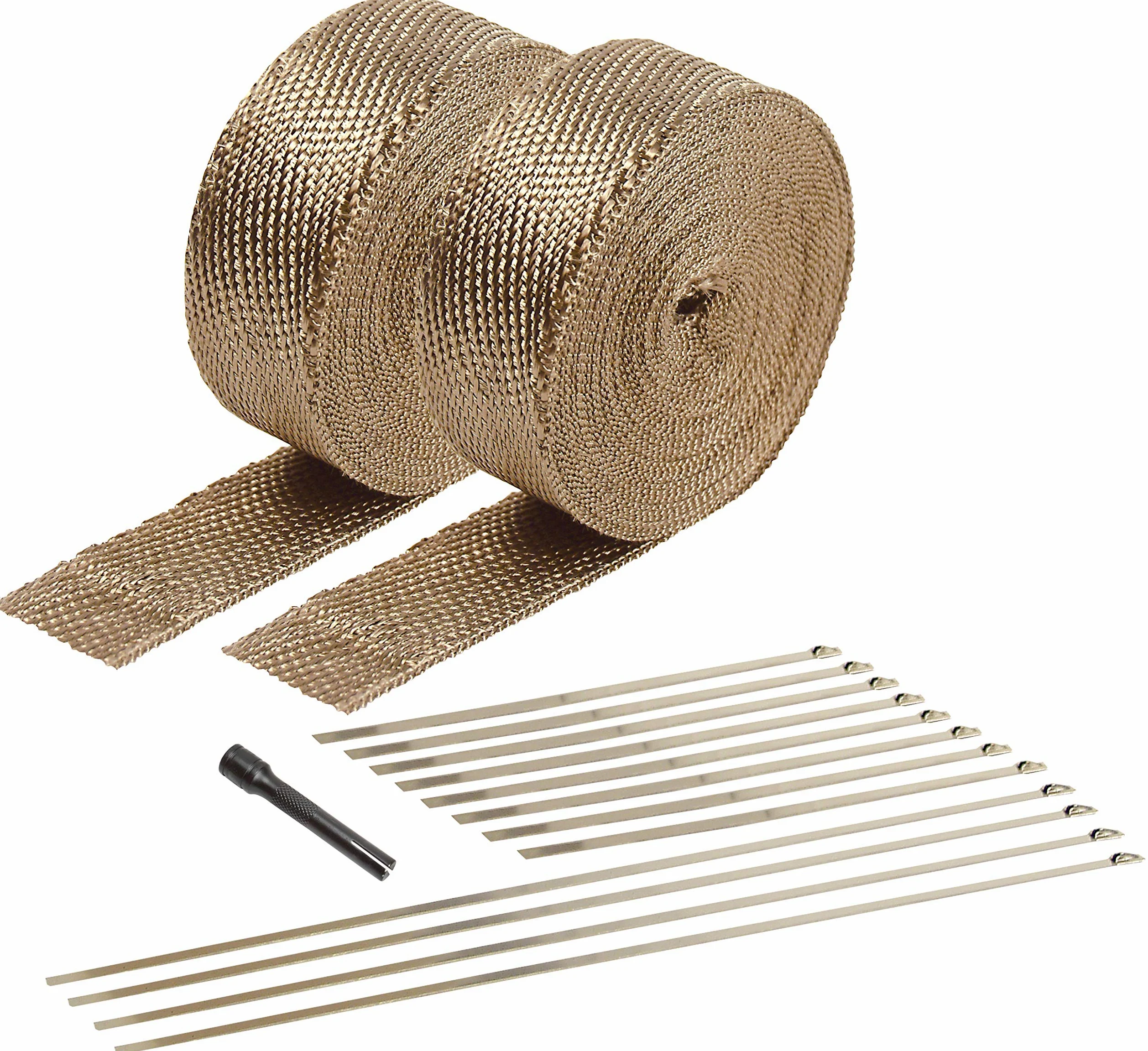 Design Engineering 010095 Kit de envoltura térmica de escape de titanio con tecnología LR, (2) rollos de 2 pulgadas x 50 pies, 12 lazos de bloqueo y herramienta de amarre de bloqueo