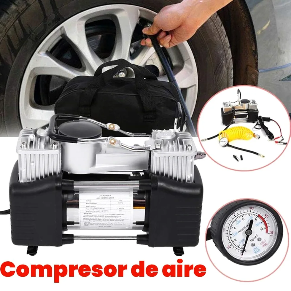 Wakects Compresor de Aire Eléctrico Portátil, Doble Bomba de Cilindro, con 3 Adaptadores de Boquilla, para Sedán, Camión, Bicicleta Motorizada