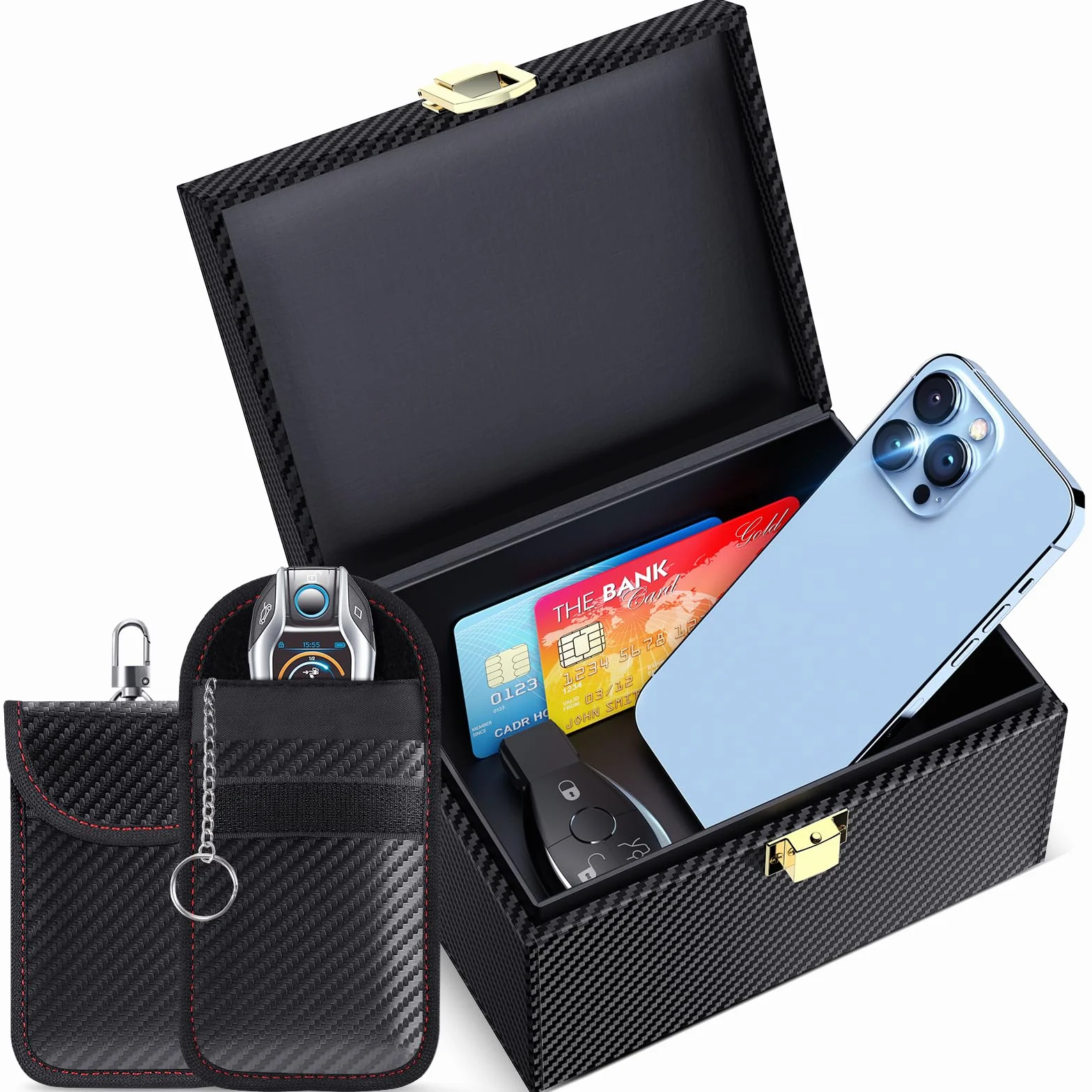 Caja Faraday Antirrobo & 2 funda Faraday para Llaves de Coche, Bloqueadora de RFID Bloqueo Señal Llaves Keyless en Cuero Fibra de Carbon Negro